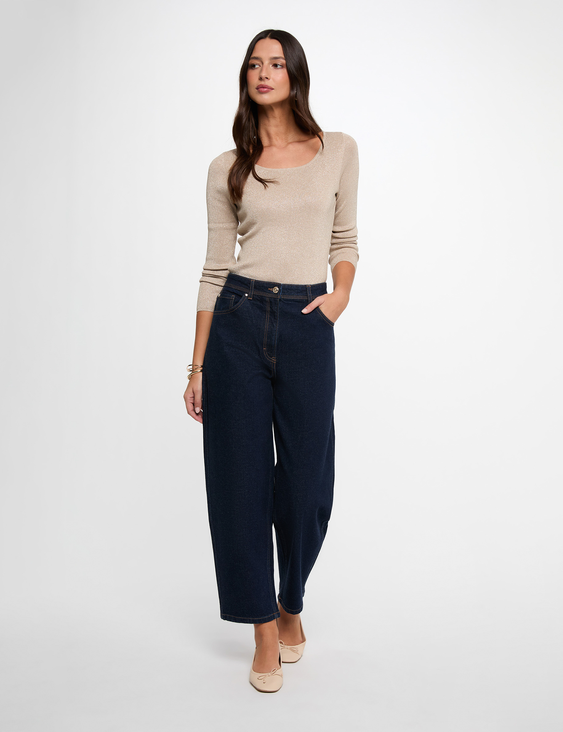 Jersey ajustado con cuello en U crudo mujer