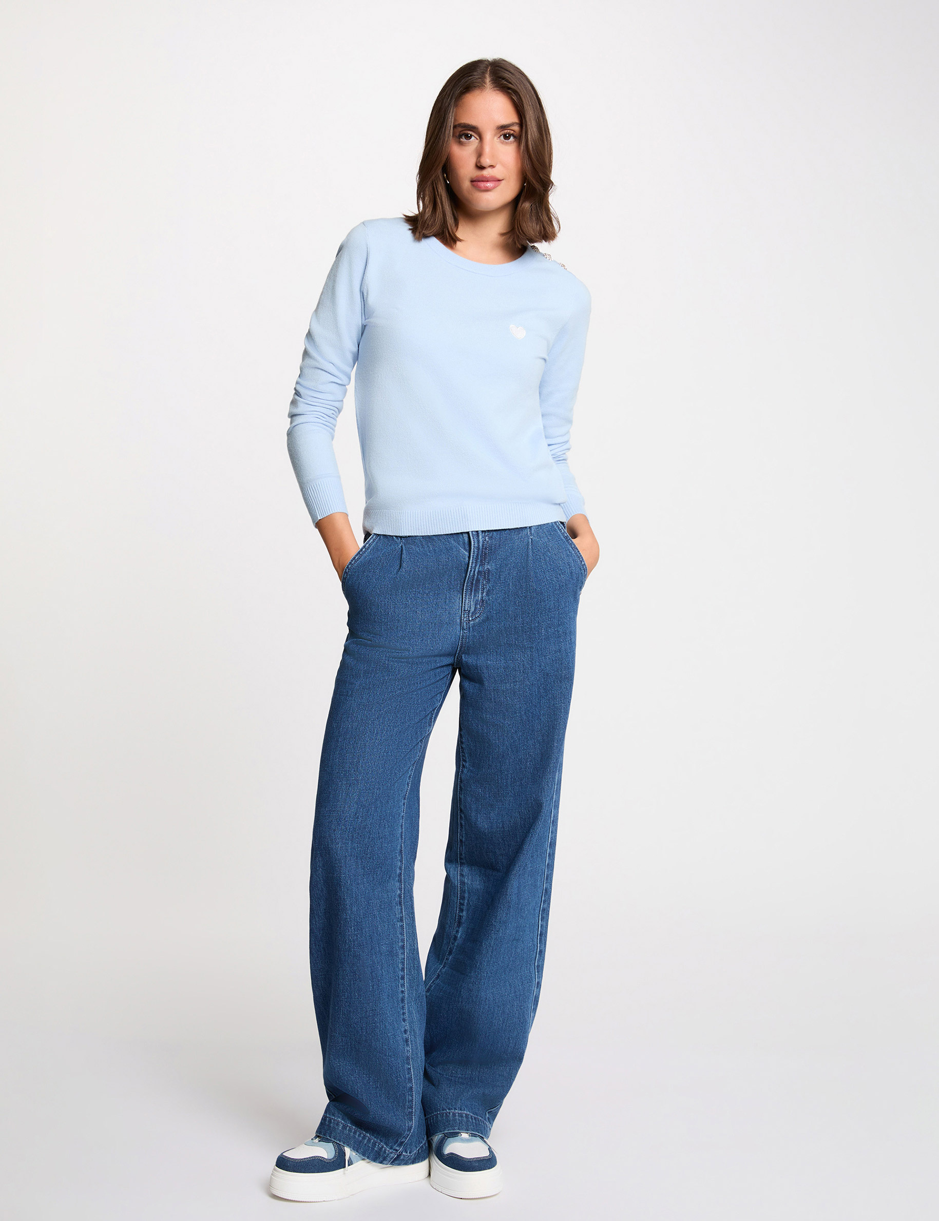 Jersey cuello redondo botones azul cielo mujer