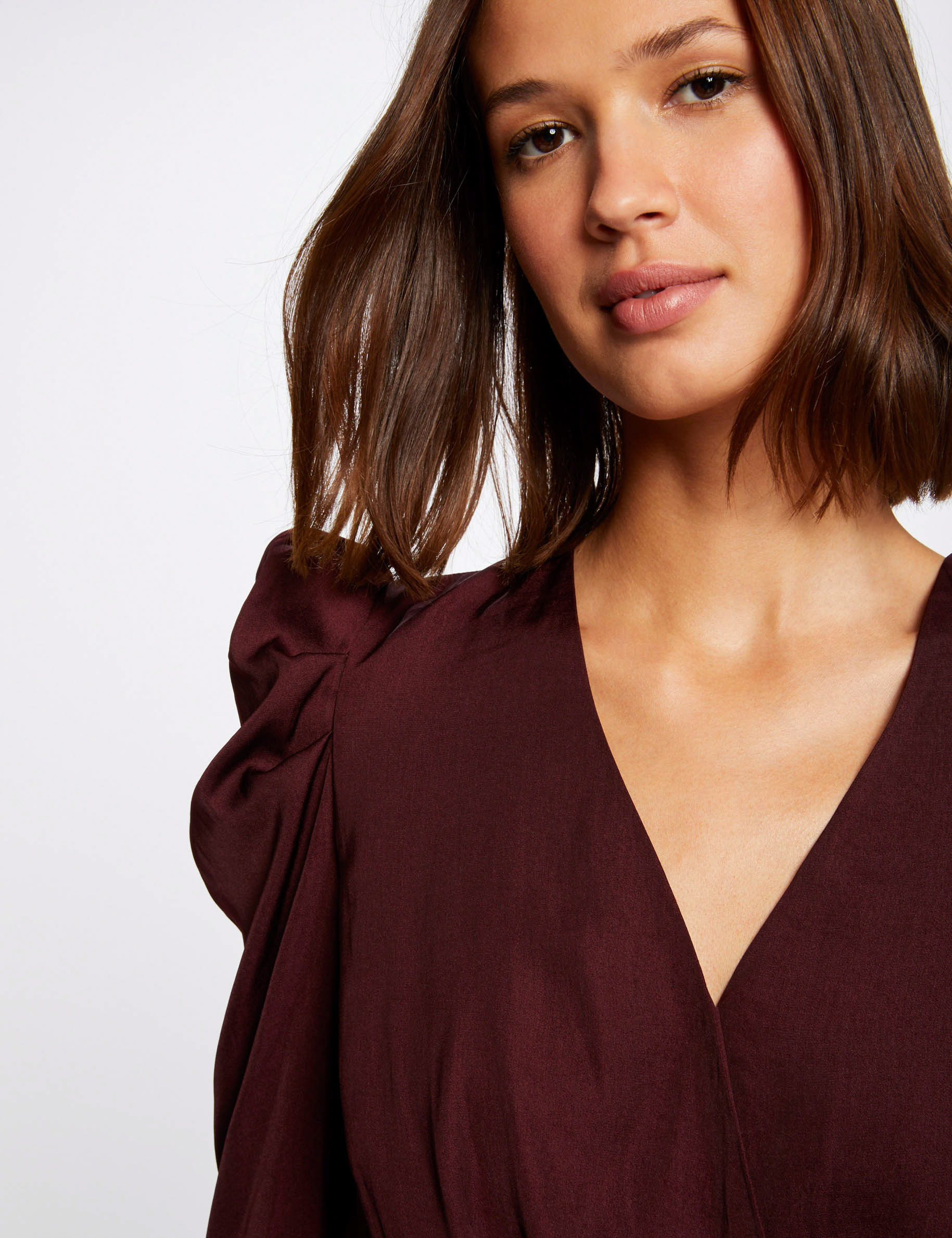 Blusa manga larga con escote cruzado ciruela mujer Blusa manga larga con escote cruzado ciruela mujer