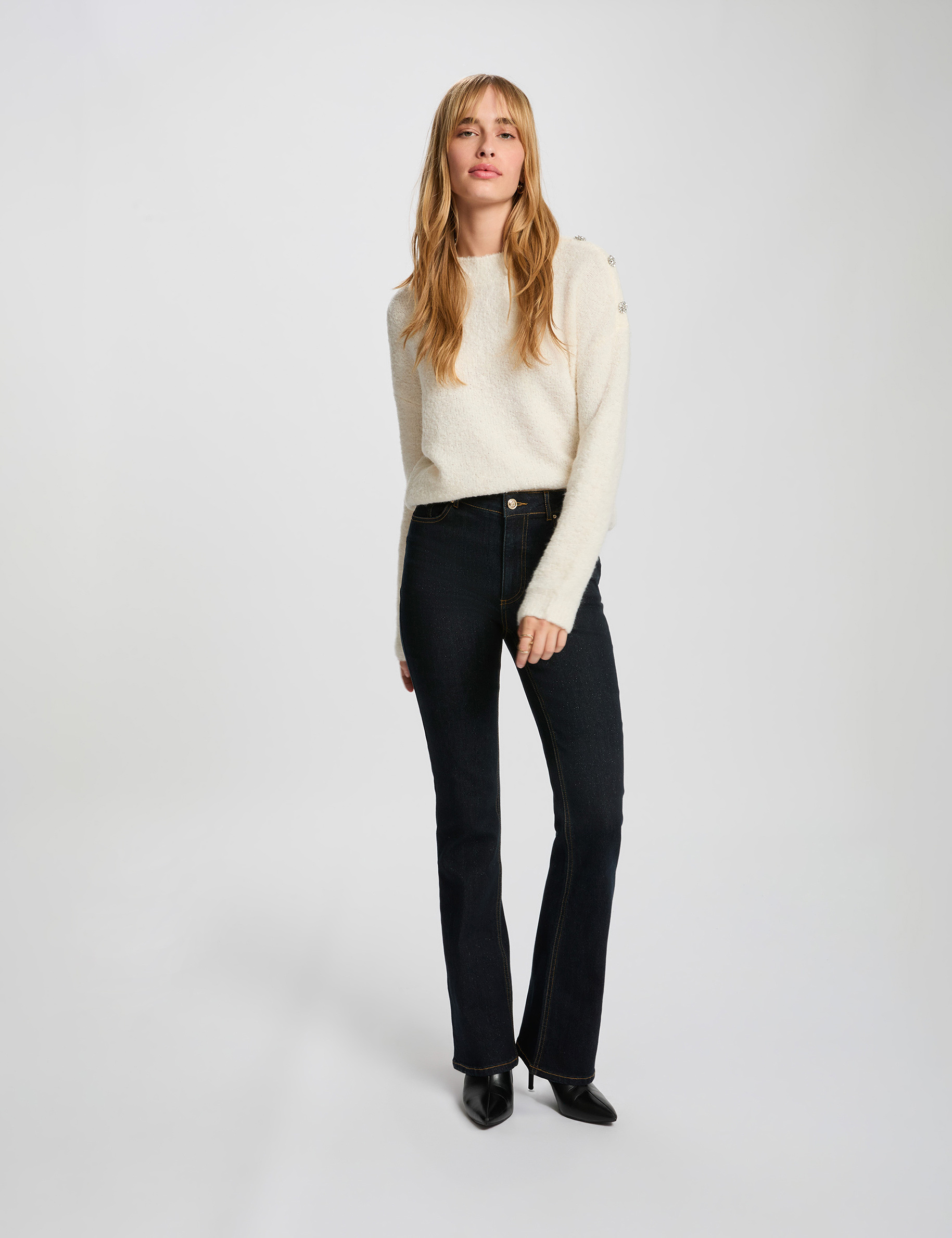 Vaqueros bootcut de tiro alto denim crudo mujer