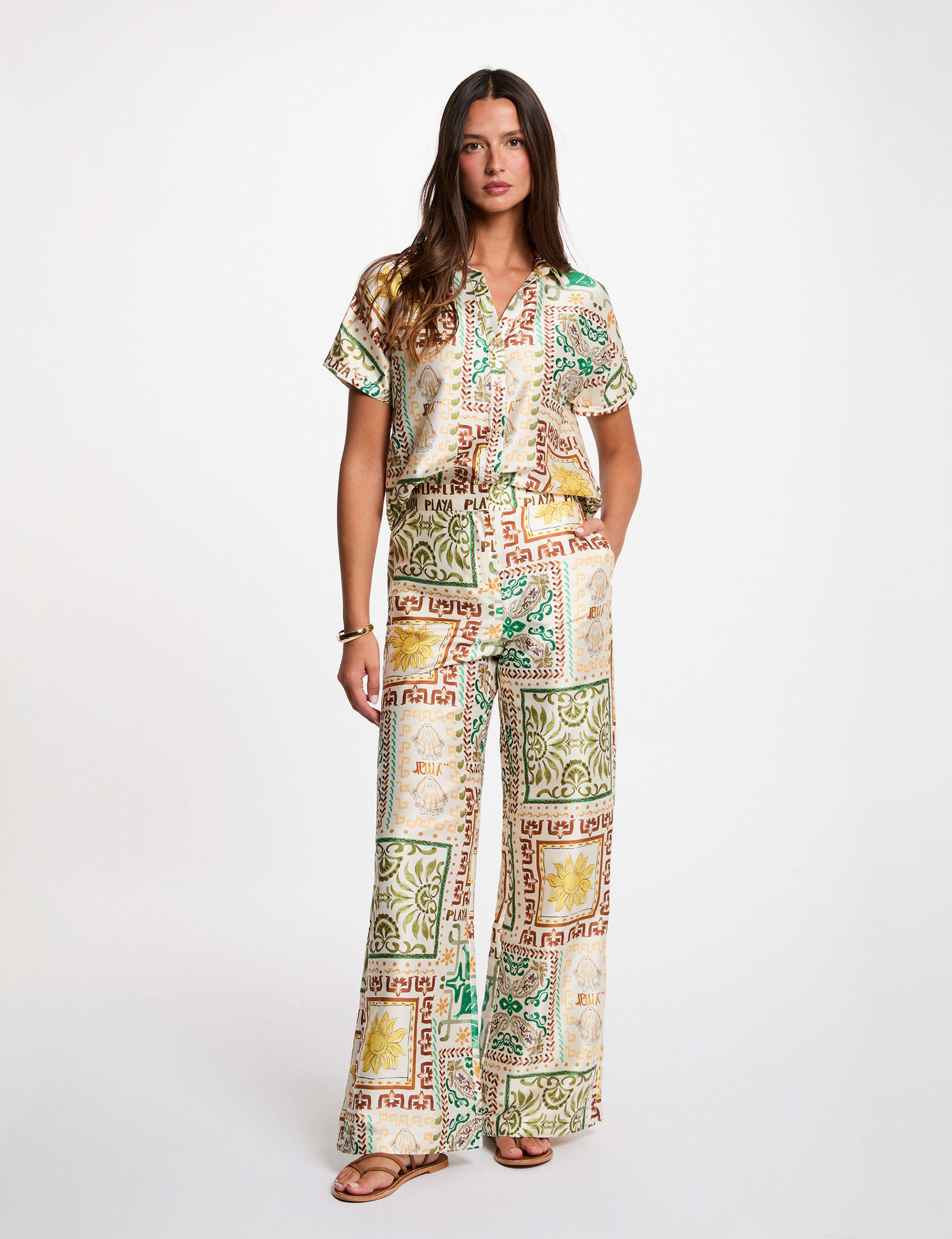 Pantal&oacute;n ancho de tiro alto multicolor mujer