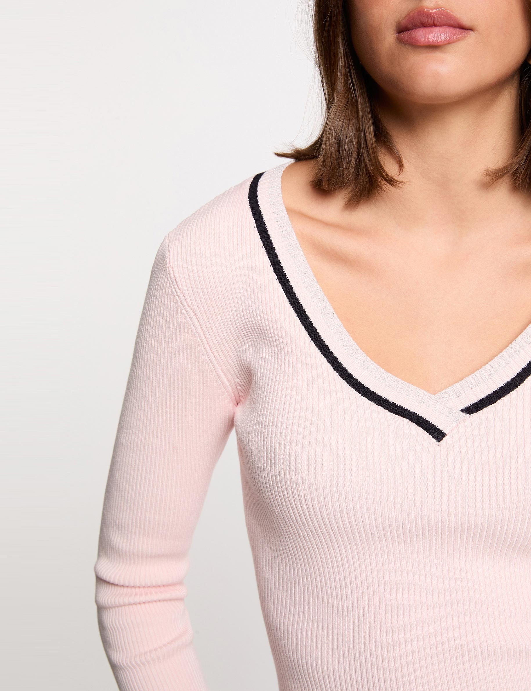 Jersey manga larga con escote en V rosa claro mujer
