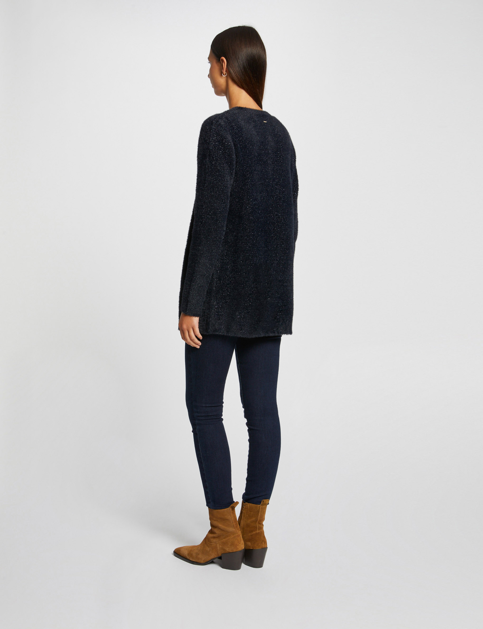 cardigan recto hilos metalizados marino mujer Cárdigan recto hilos metalizados marino mujer