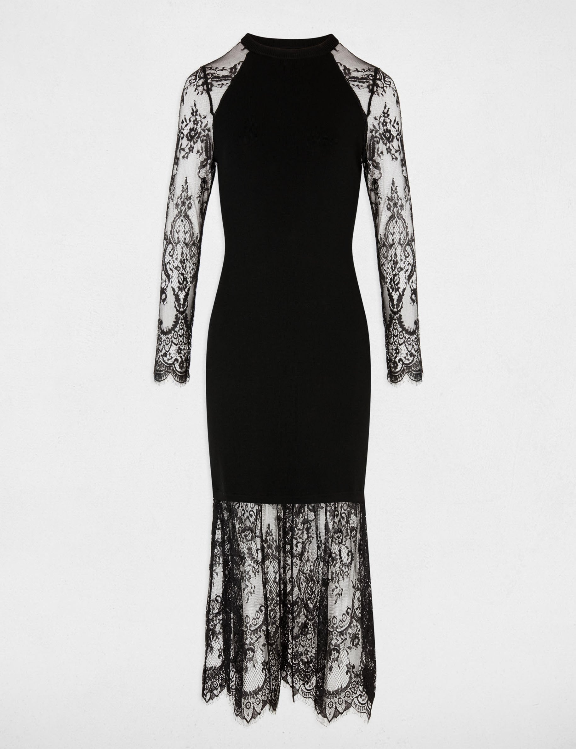 Vestido de punto con detalles de encaje negro mujer