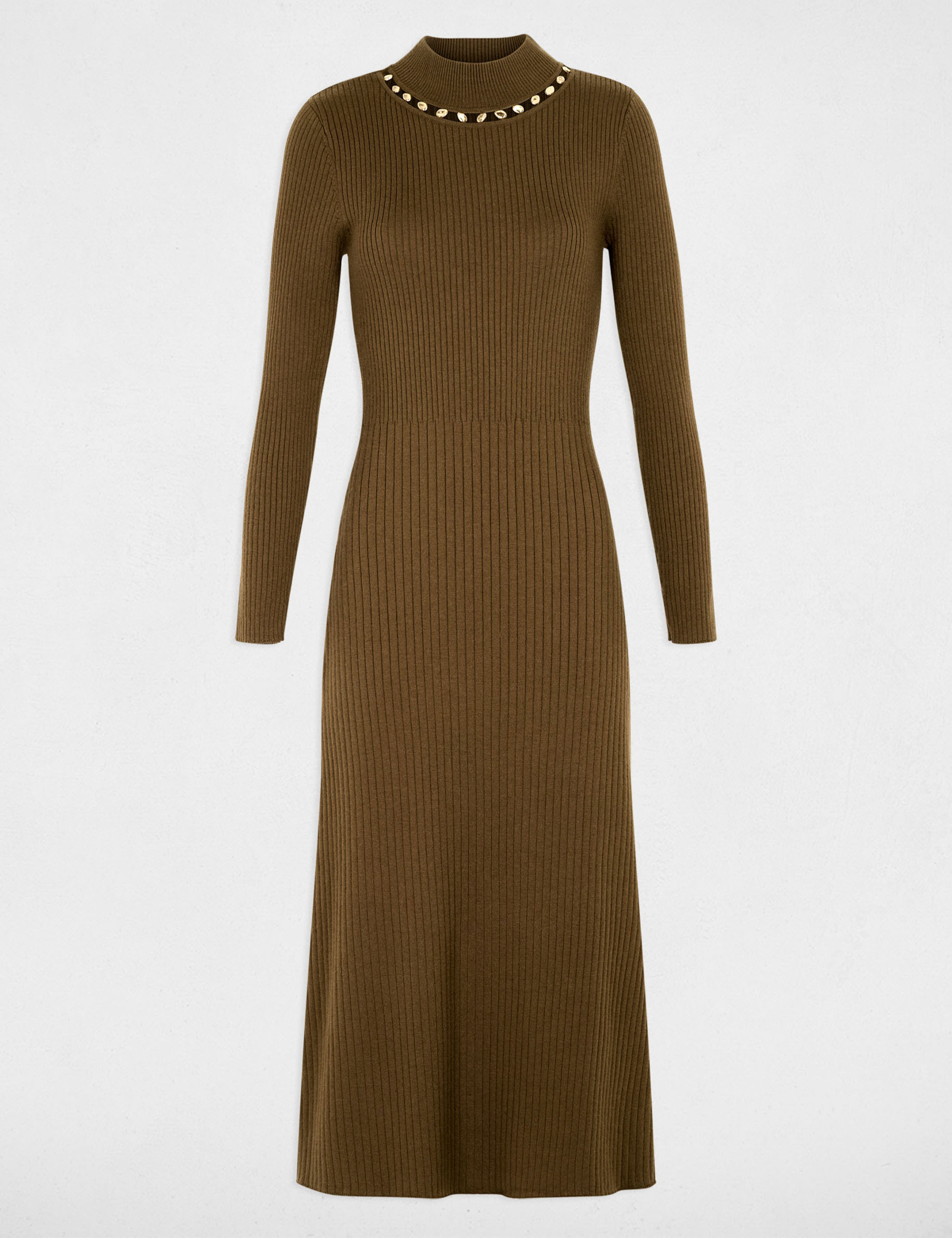 Vestido de punto con cuello alto verde caqui mujer