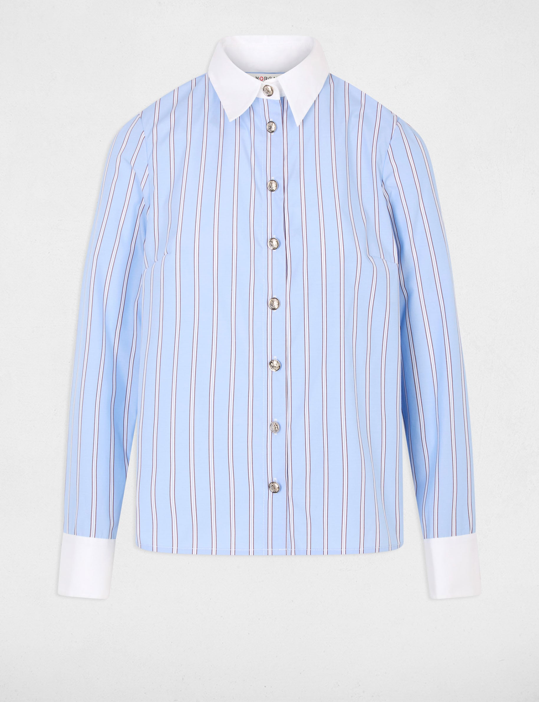 Camisa de rayas con cuello contrastado azul cielo mujer