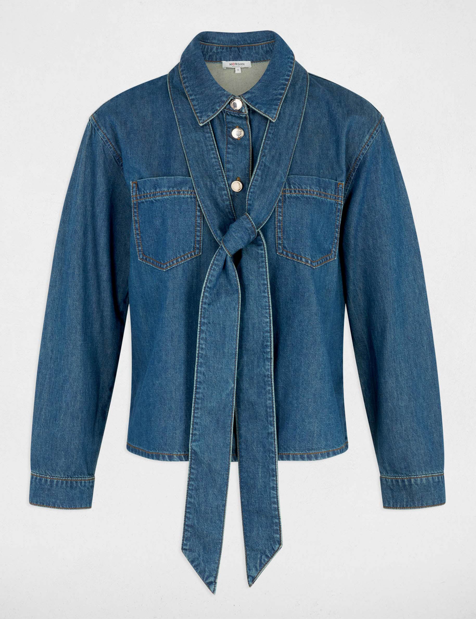 Camisa vaquera con lazada denim stone mujer