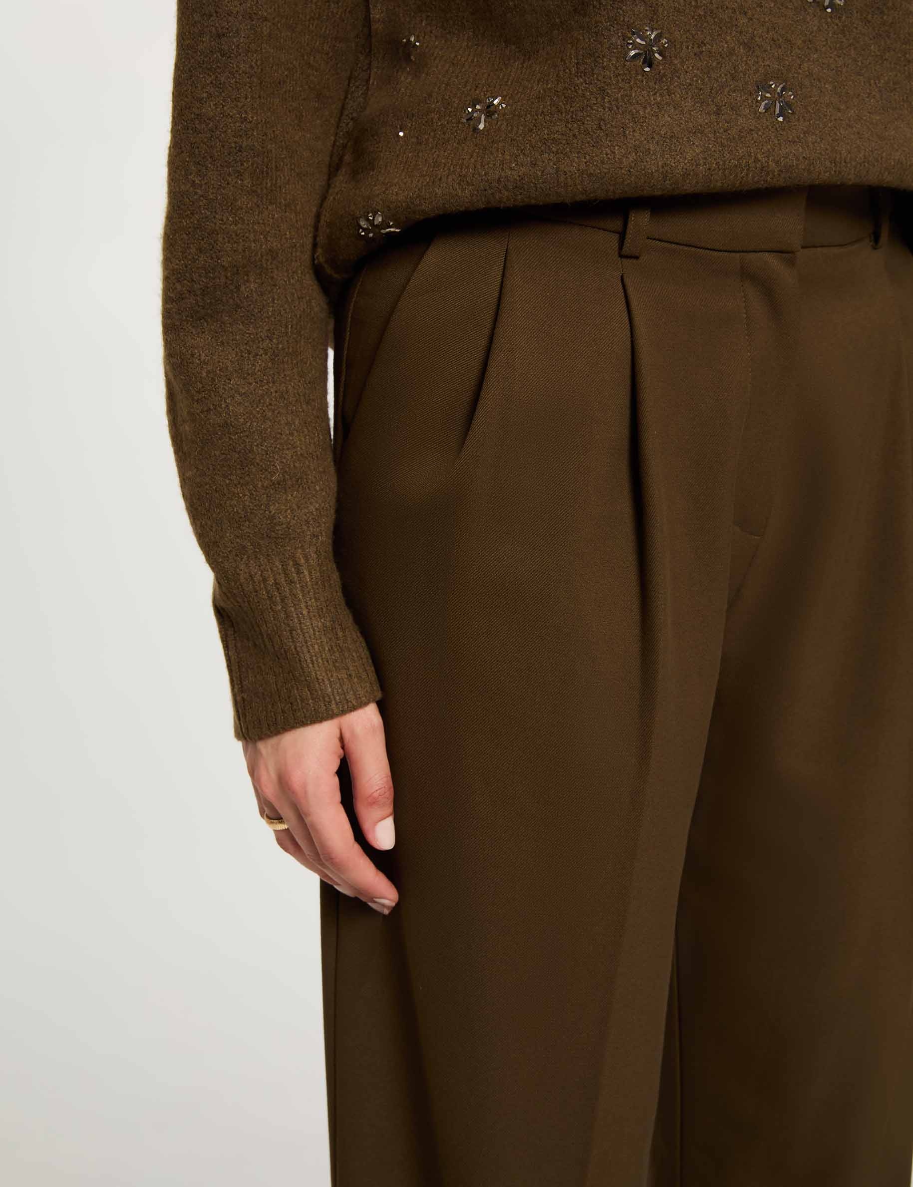 Pantal&oacute;n ancho de tiro alto verde caqui mujer