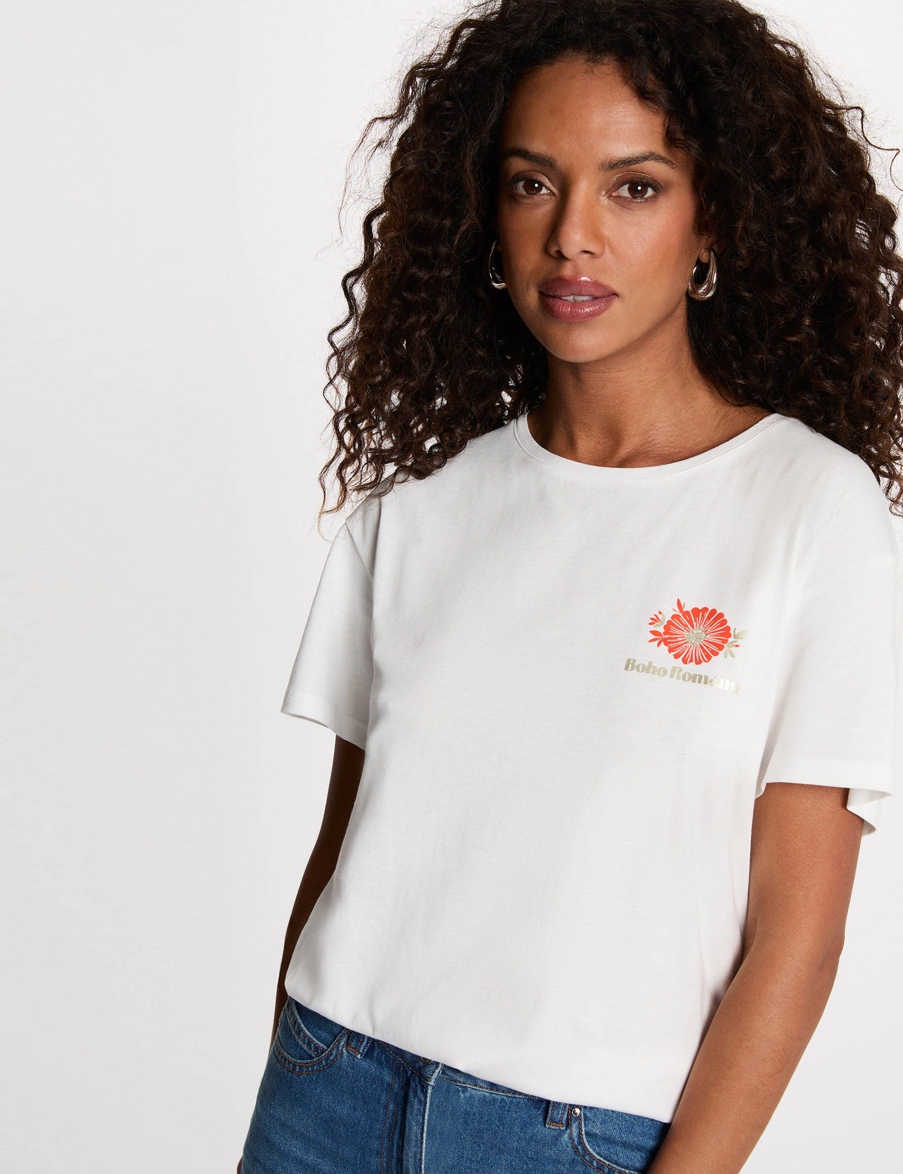Camiseta estampada cuello redondo blanco mujer