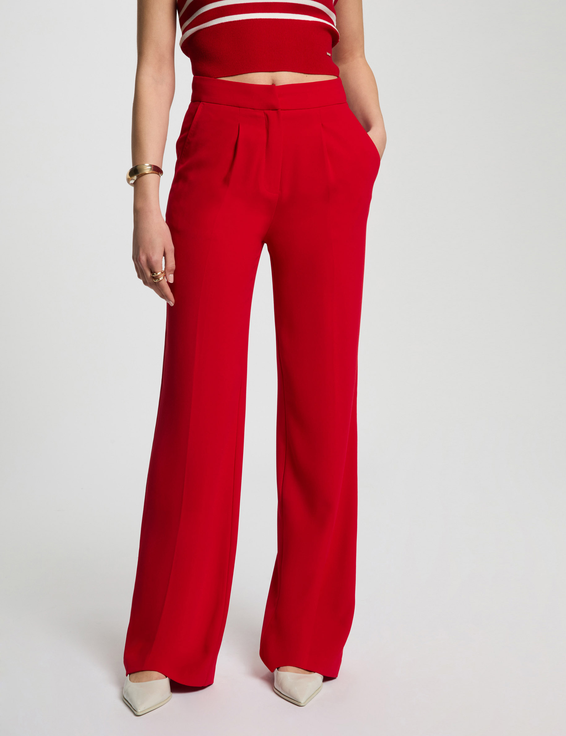 pantalon pernera ancha pinzas rojo mujer Pantalón pernera ancha pinzas rojo mujer