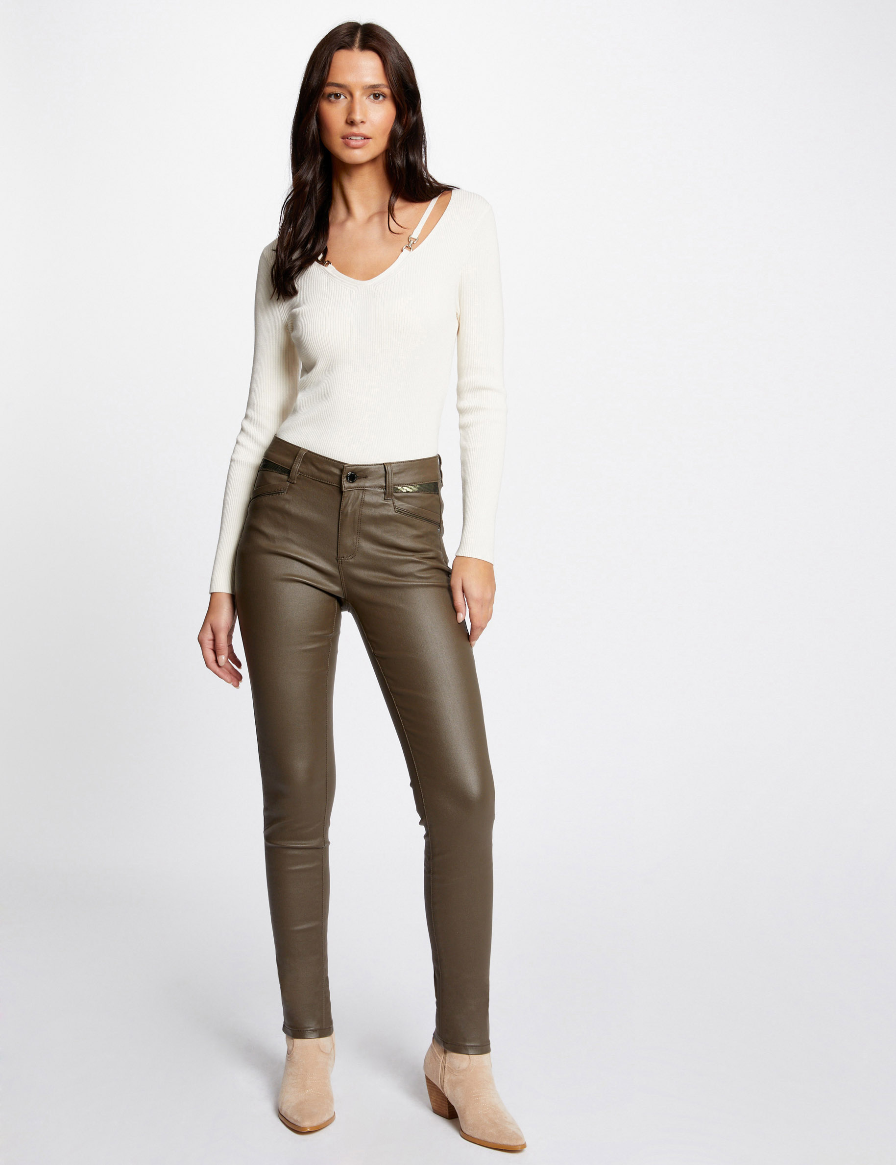 Pantalón skinny efecto mojado verde caqui mujer