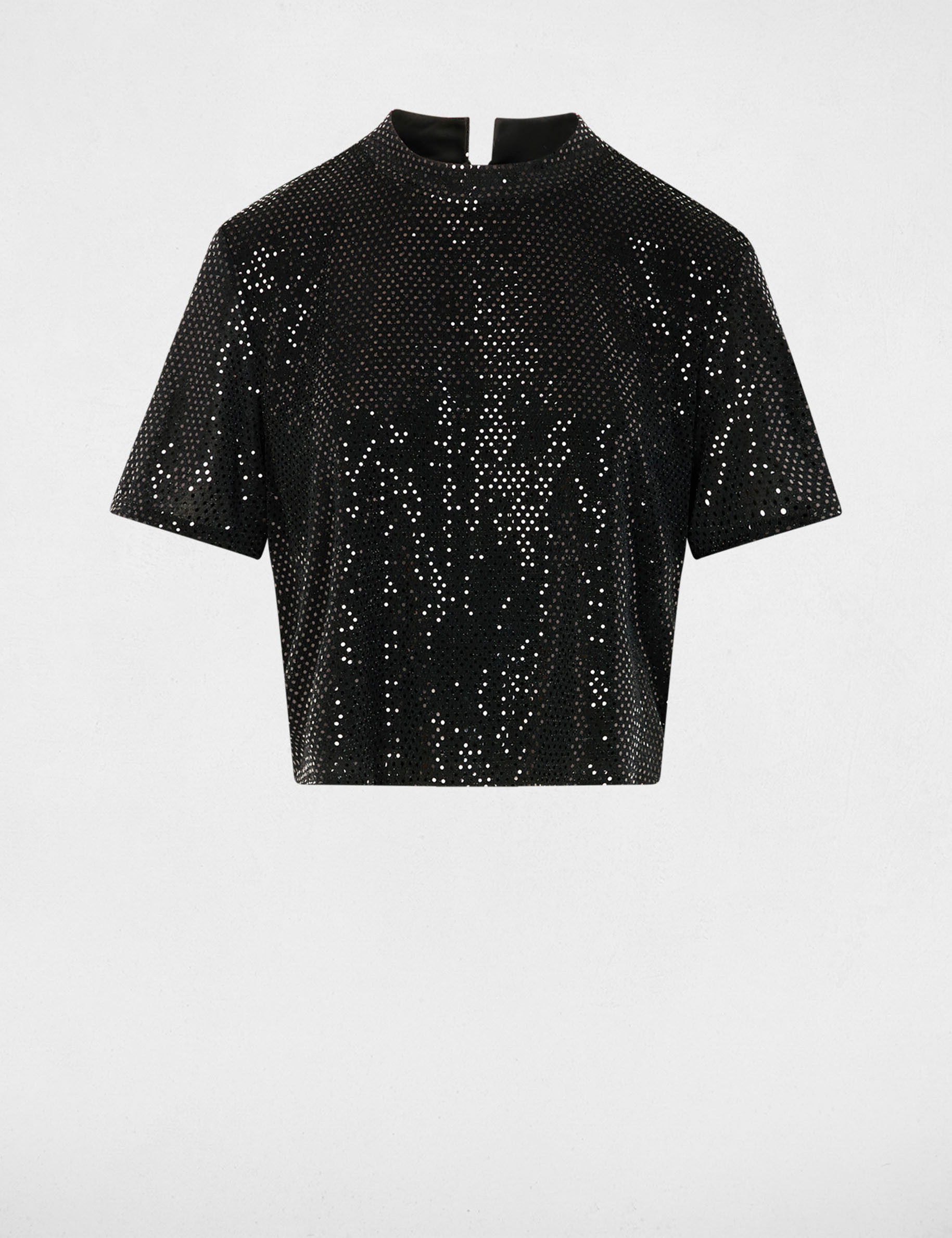 Camiseta de lentejuelas cuello alto negro mujer