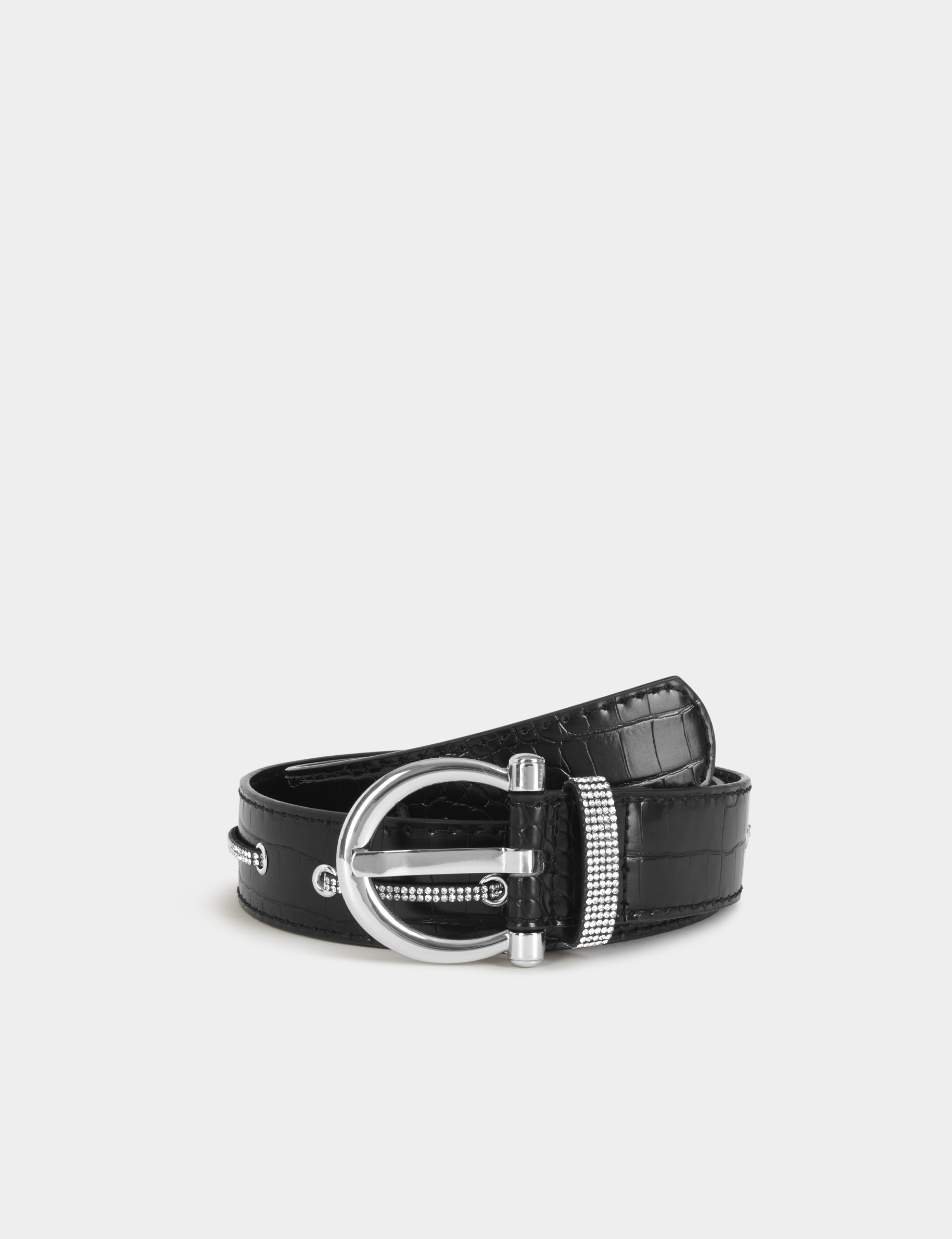 Cinturón con efecto cocodrilo y strass negro mujer