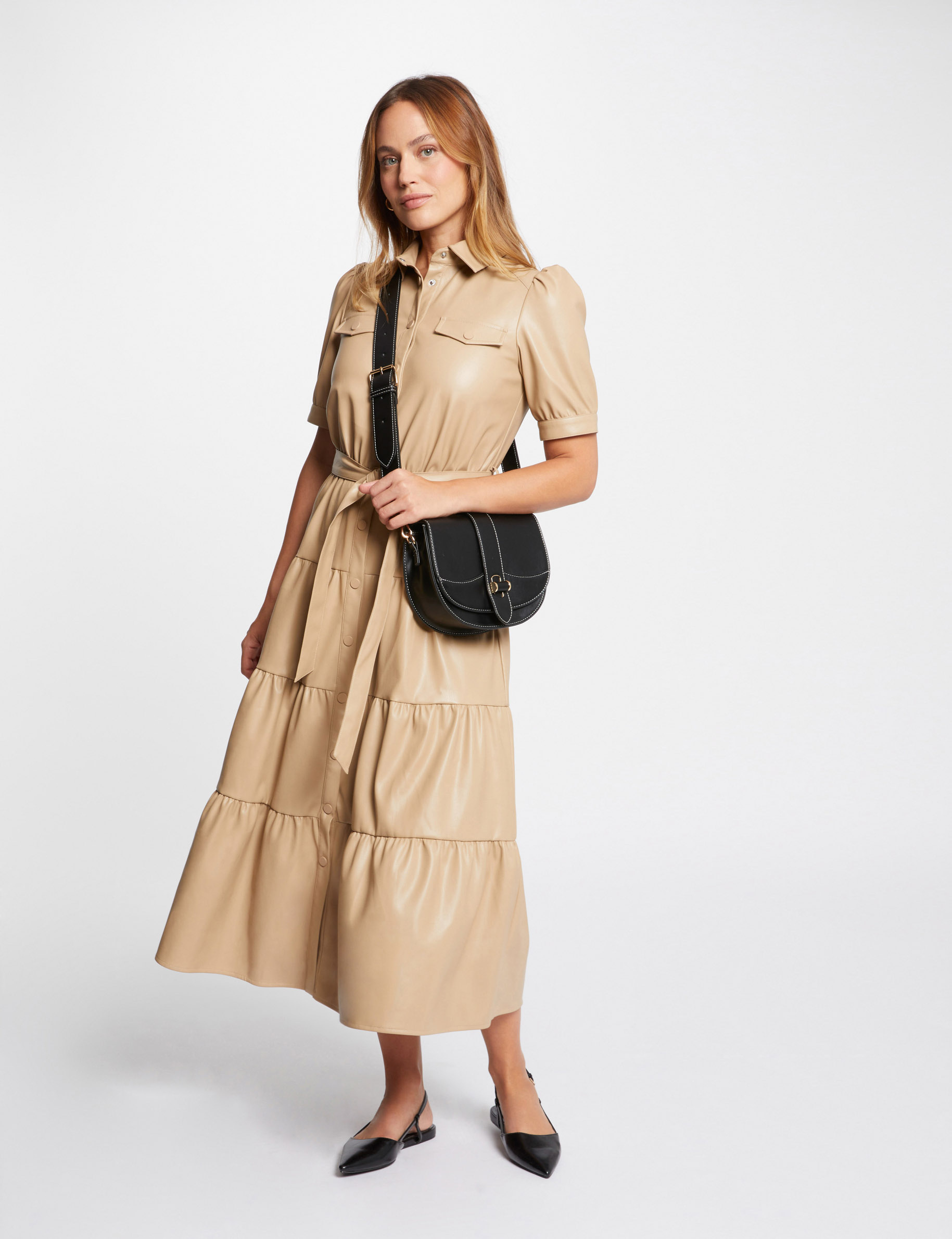 vestido largo cuero sintetico camel mujer Vestido largo cuero sintético cámel mujer