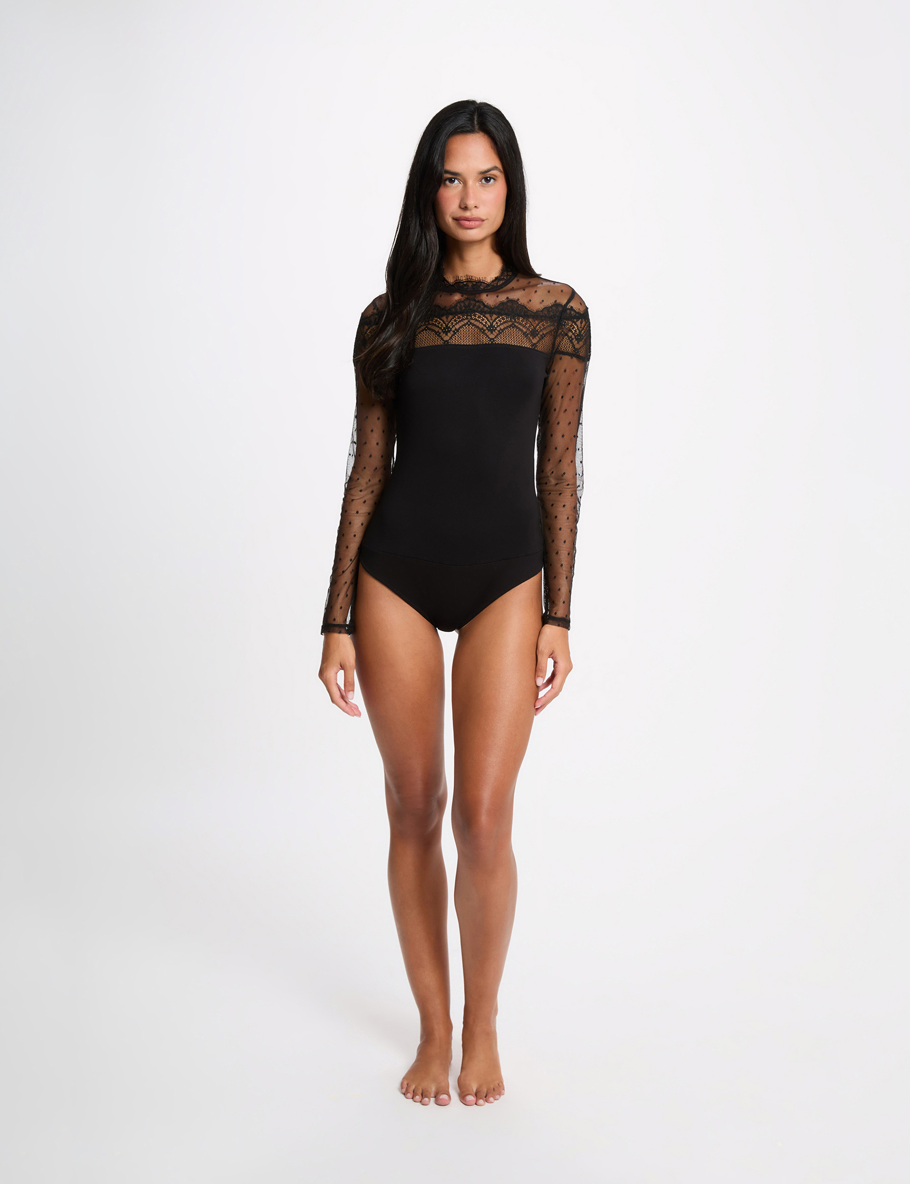 Body de encaje con mangas largas negro mujer