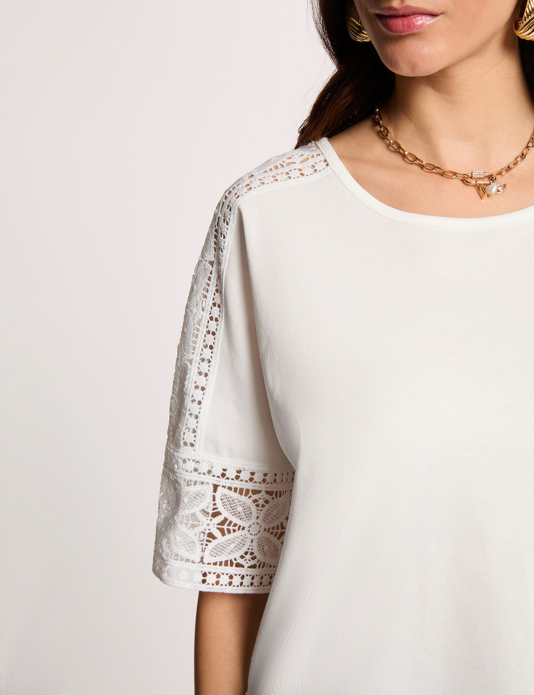 Camiseta de encaje cuello redondo blanco mujer