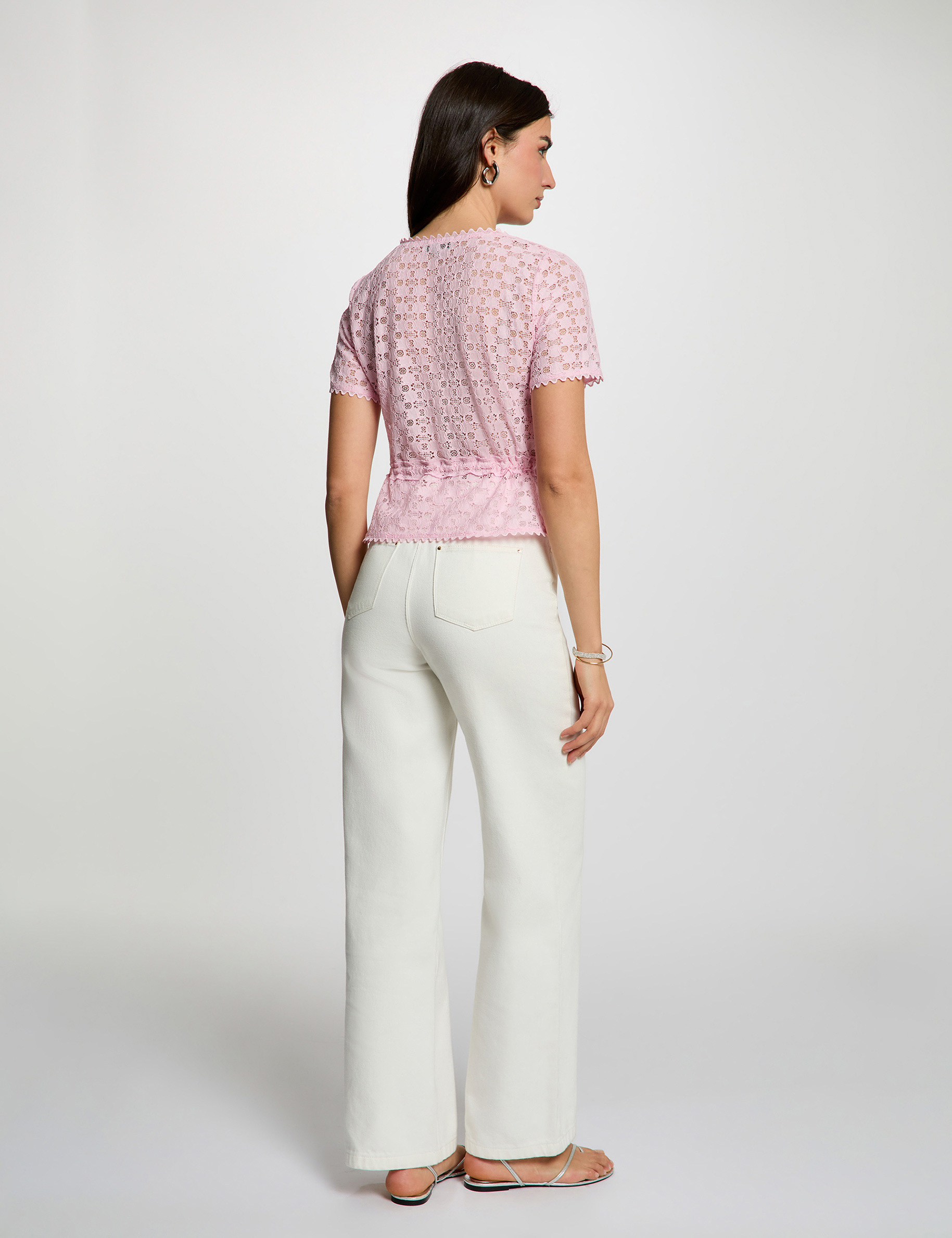 Camiseta manga corta de encaje rosa mujer