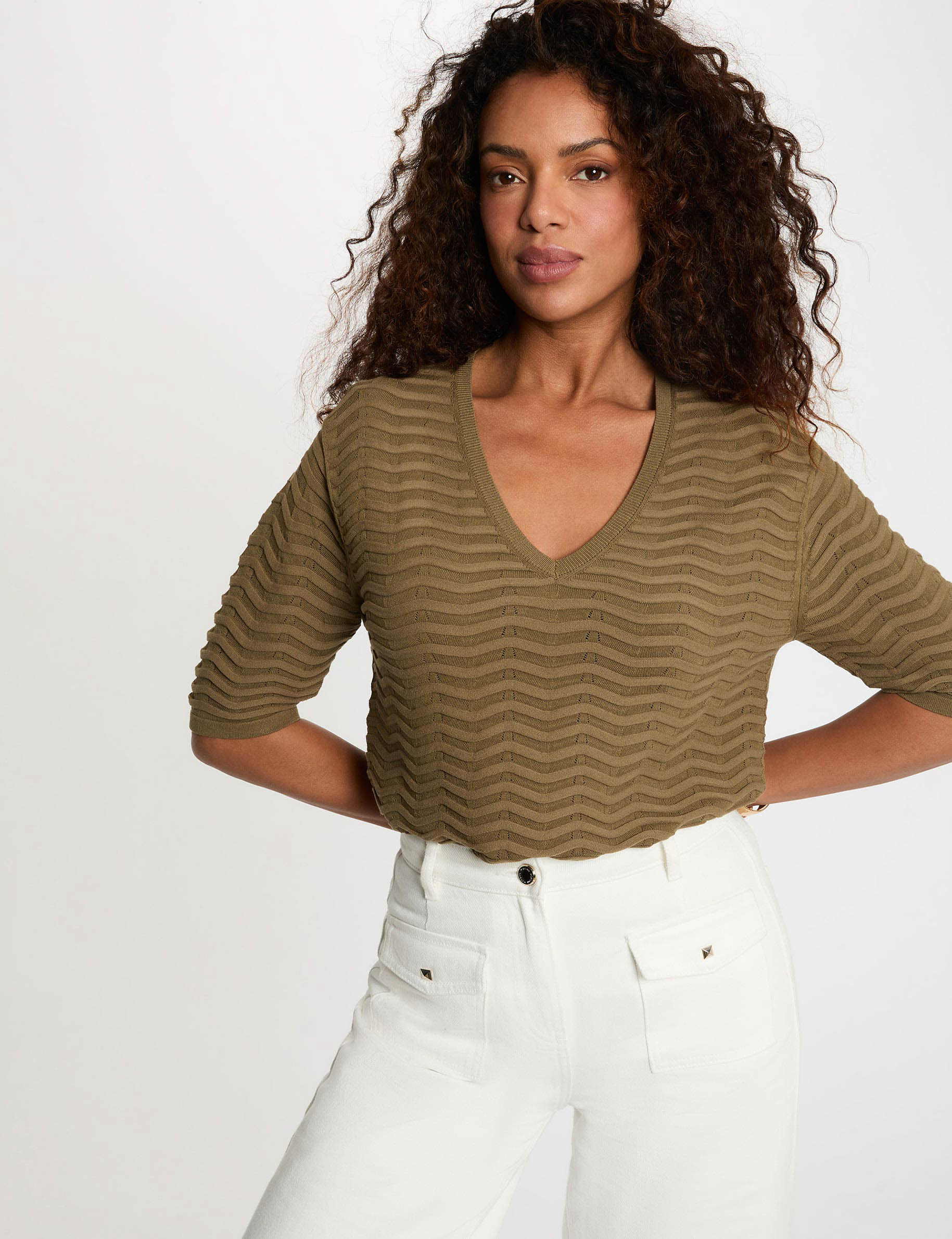 Jersey cuello v mangas 3/4 verde caqui mujer