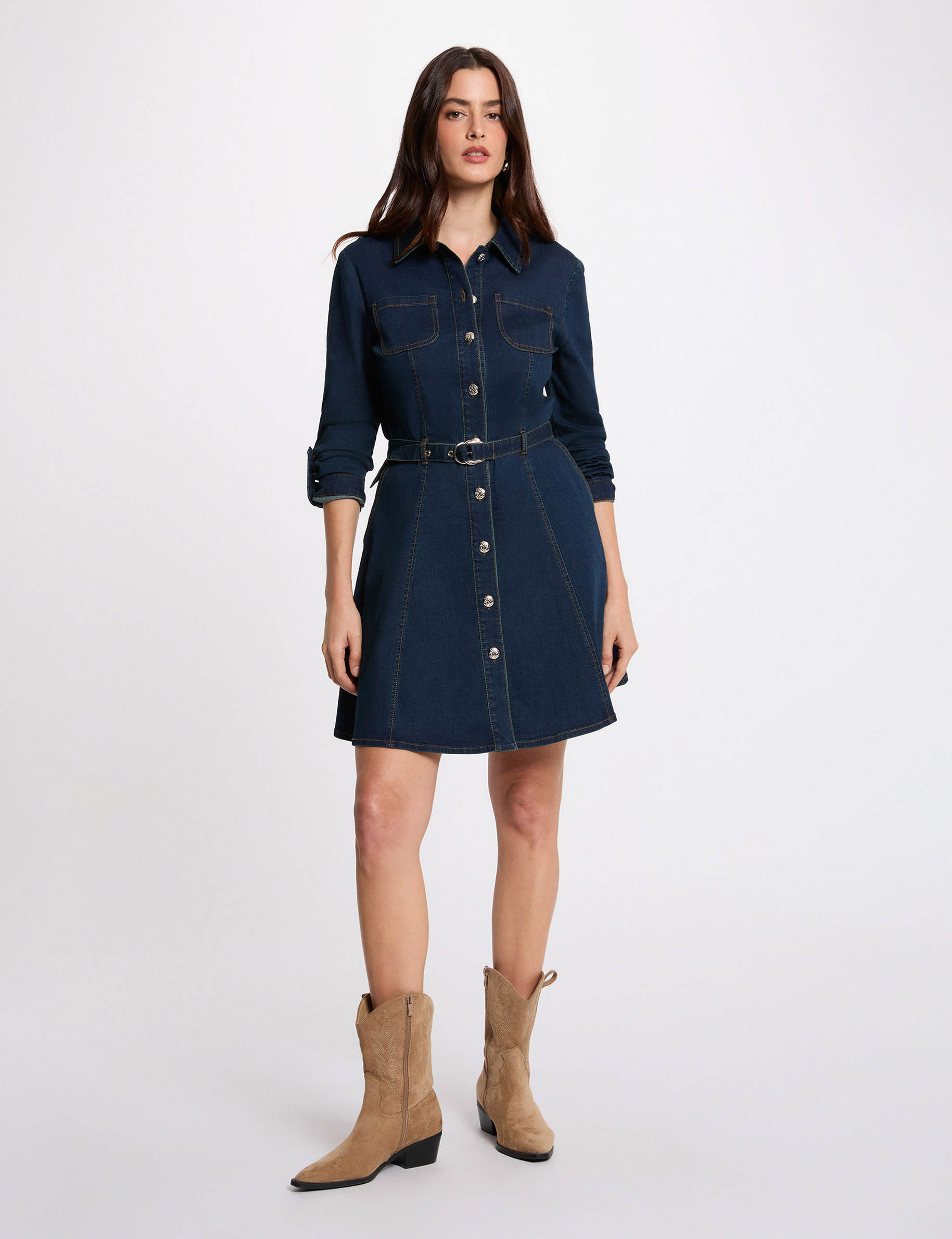 Vestido corto ajustado denim crudo mujer