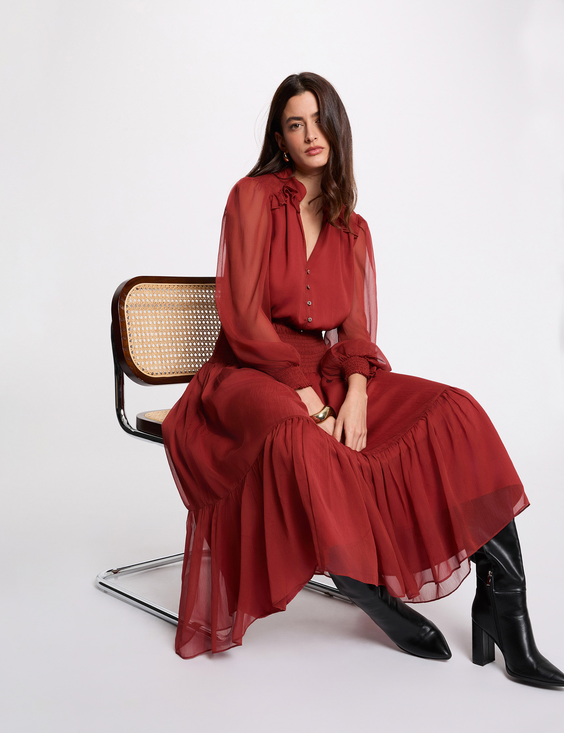 Vestido largo con cuello en v naranja oscuro mujer