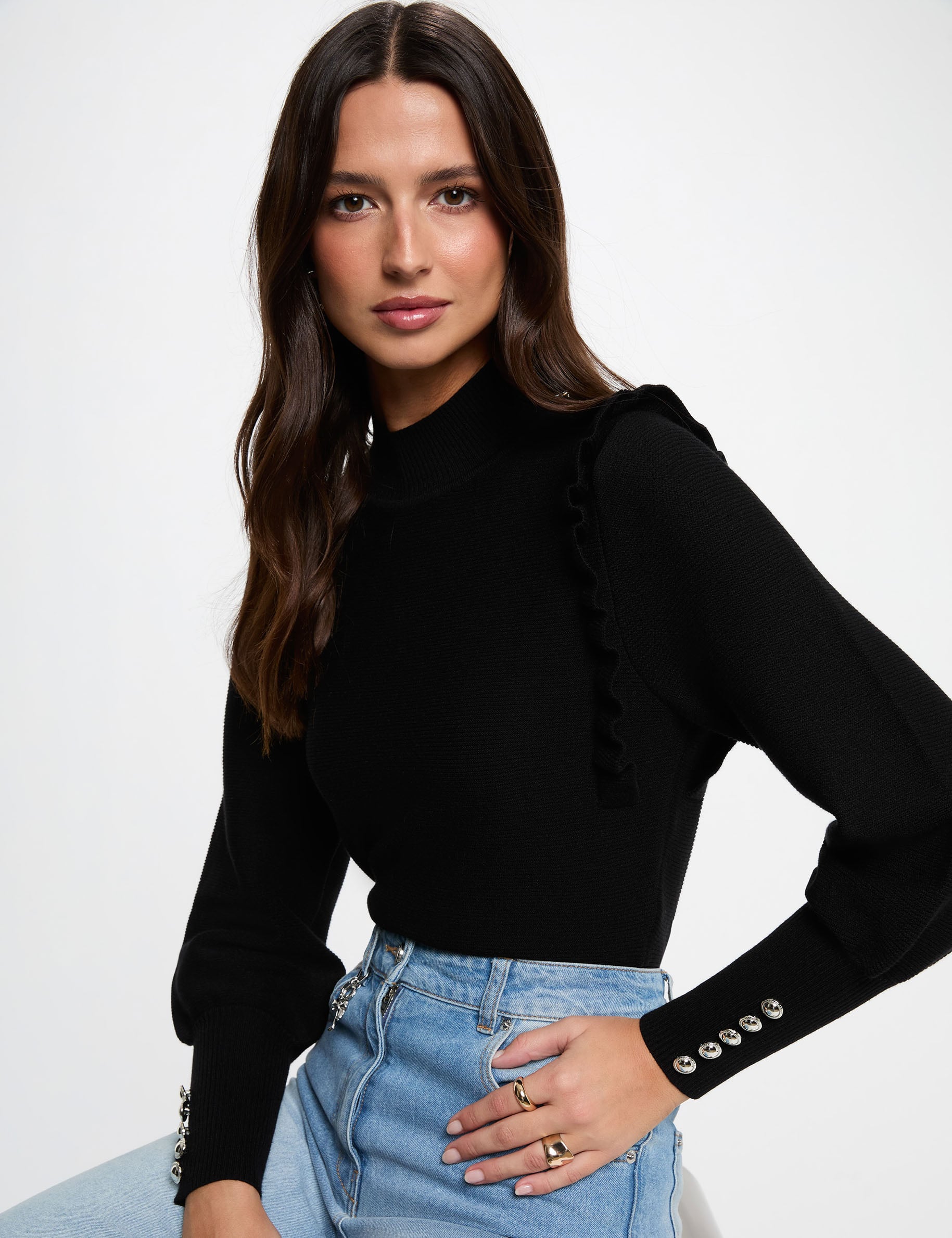 Jersey manga larga con volantes negro mujer