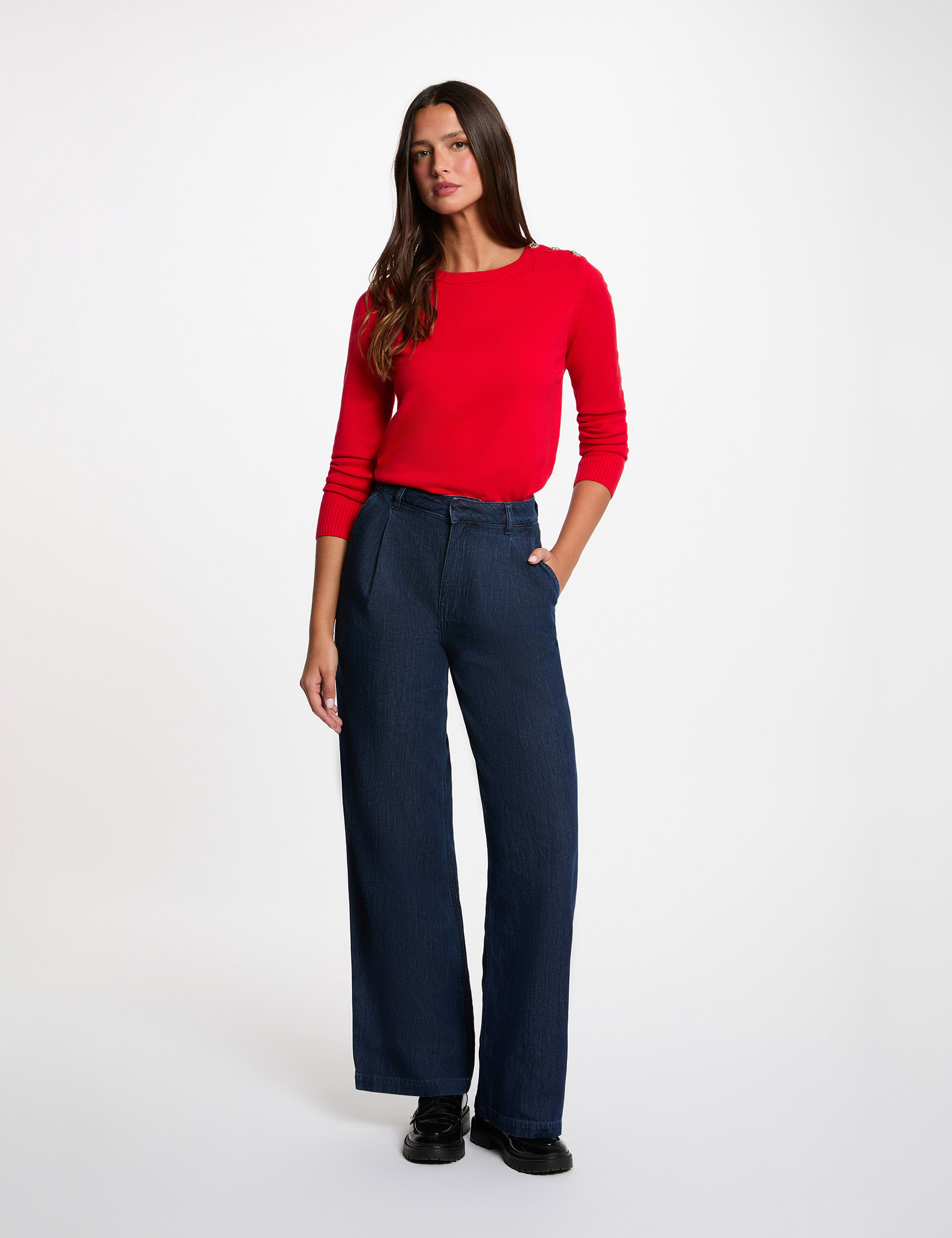 Jersey cuello redondo con botones rojo mujer