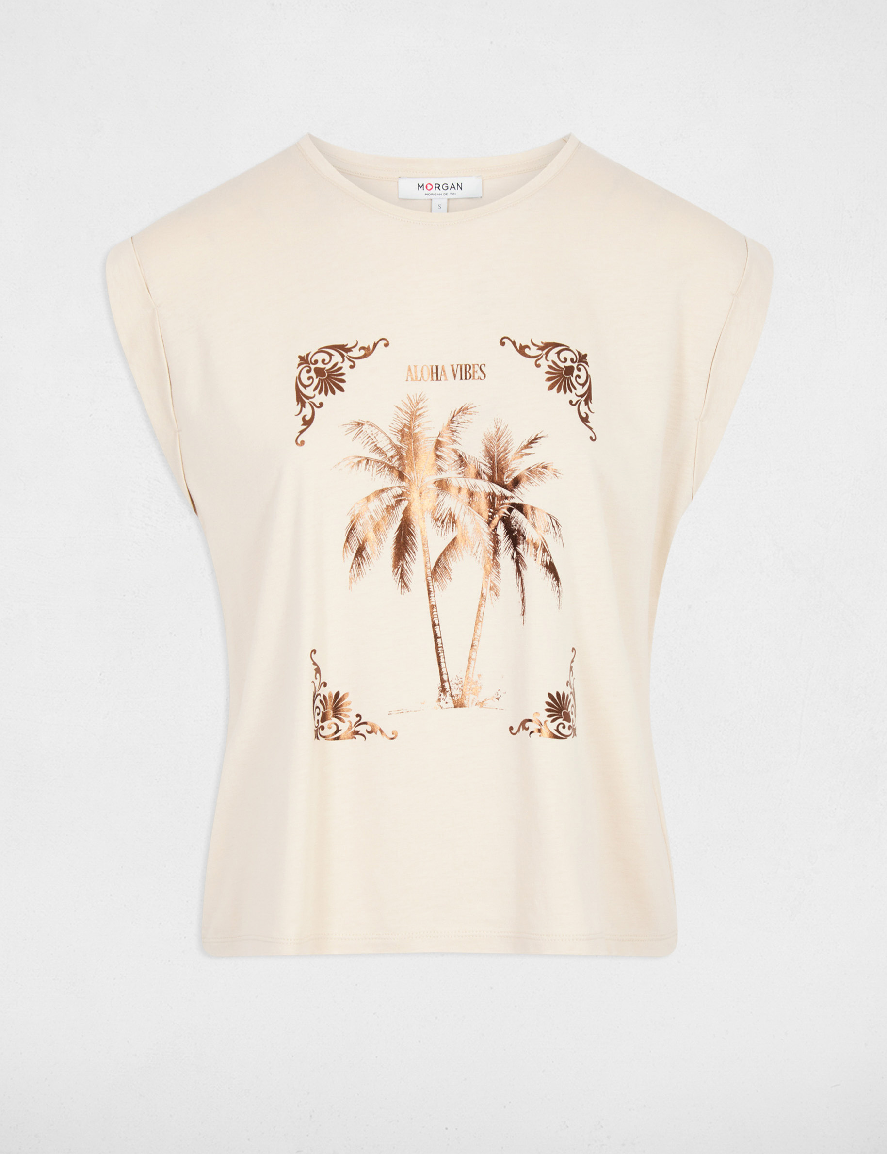 Camiseta estampada cuello redondo beis claro mujer