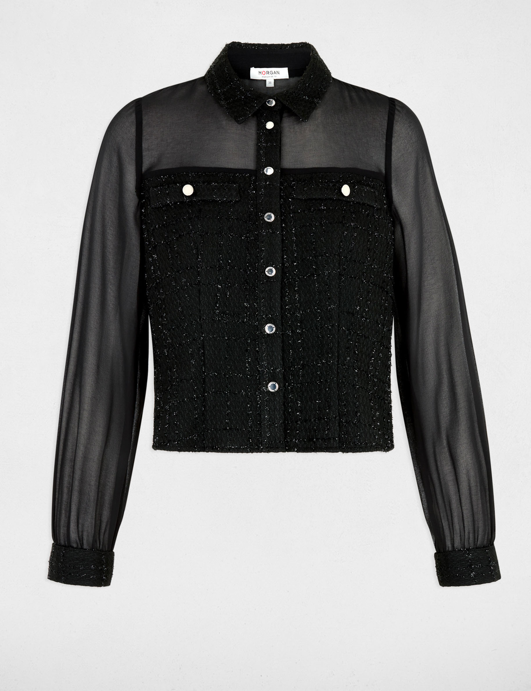 Camisa de tweed manga larga negro mujer
