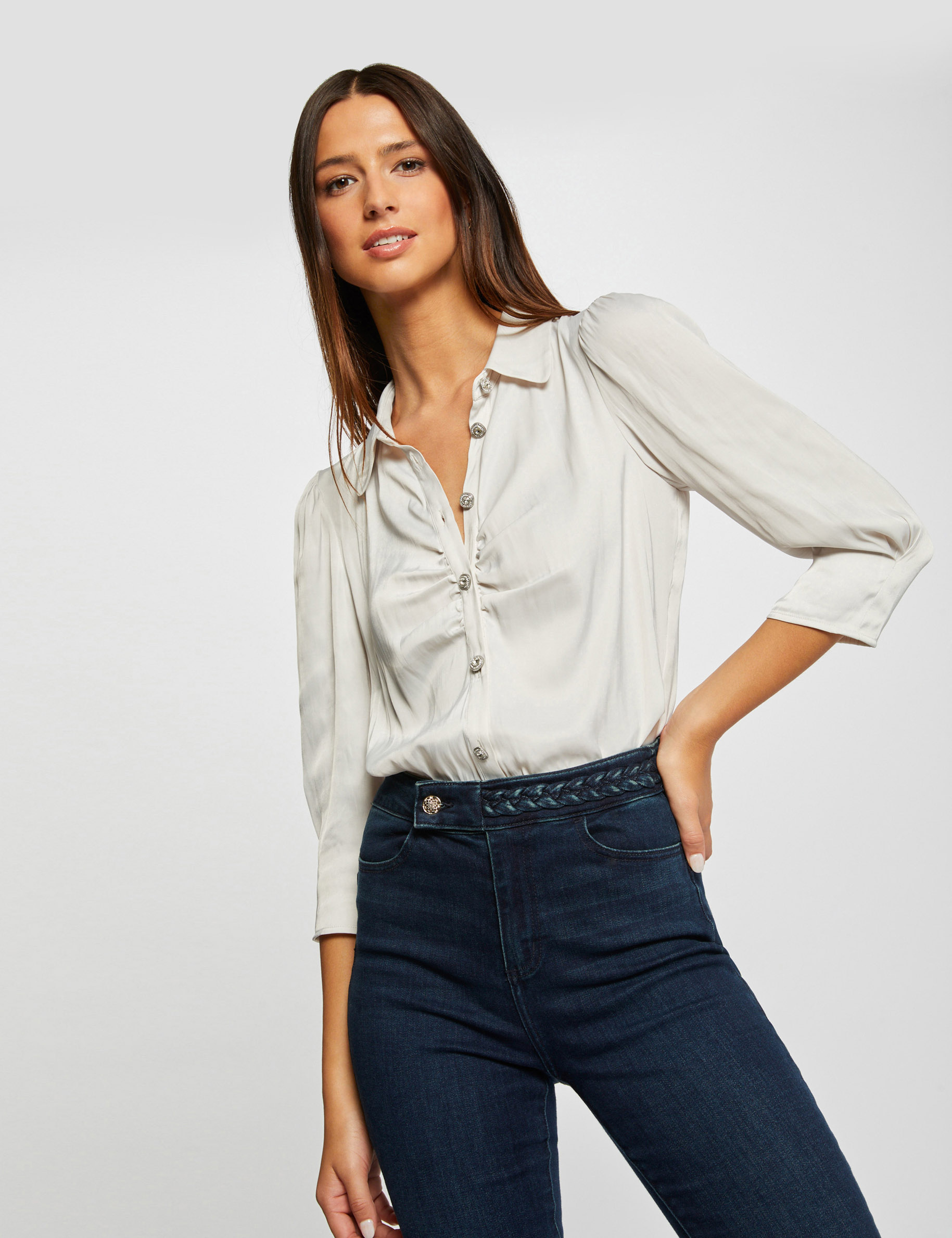camisa manga 34 de saten crudo medio mujer Camisa manga 3/4 de satén crudo medio mujer