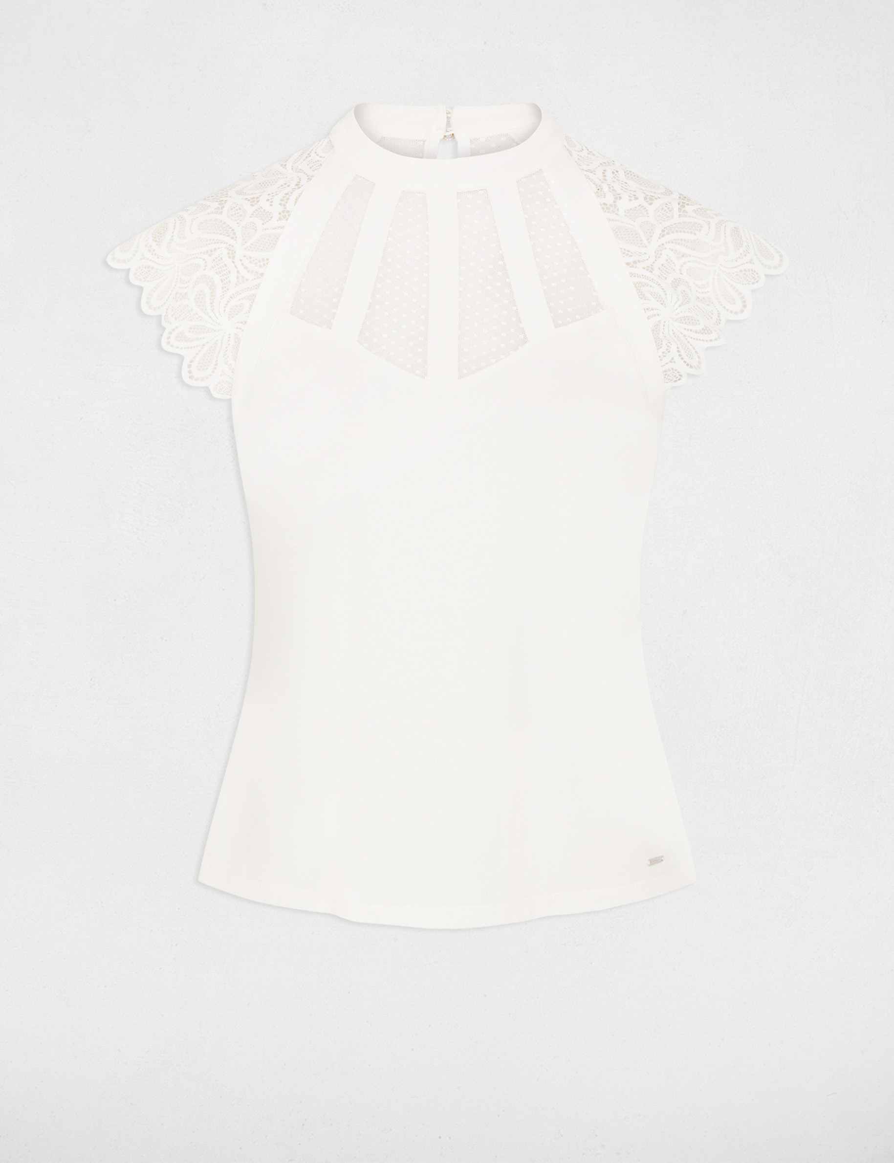 Camiseta manga corta con encaje marfil mujer