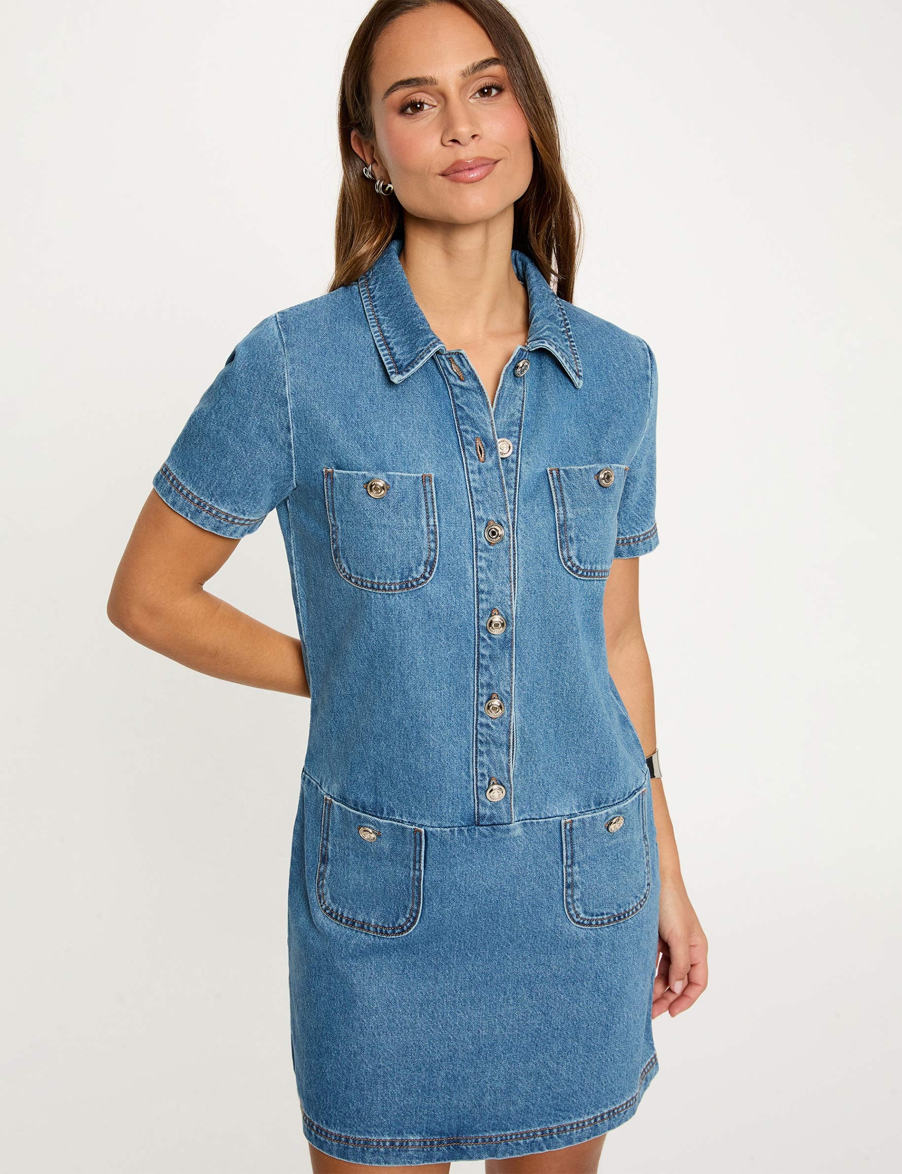 Vestido corto recto denim doble stone mujer