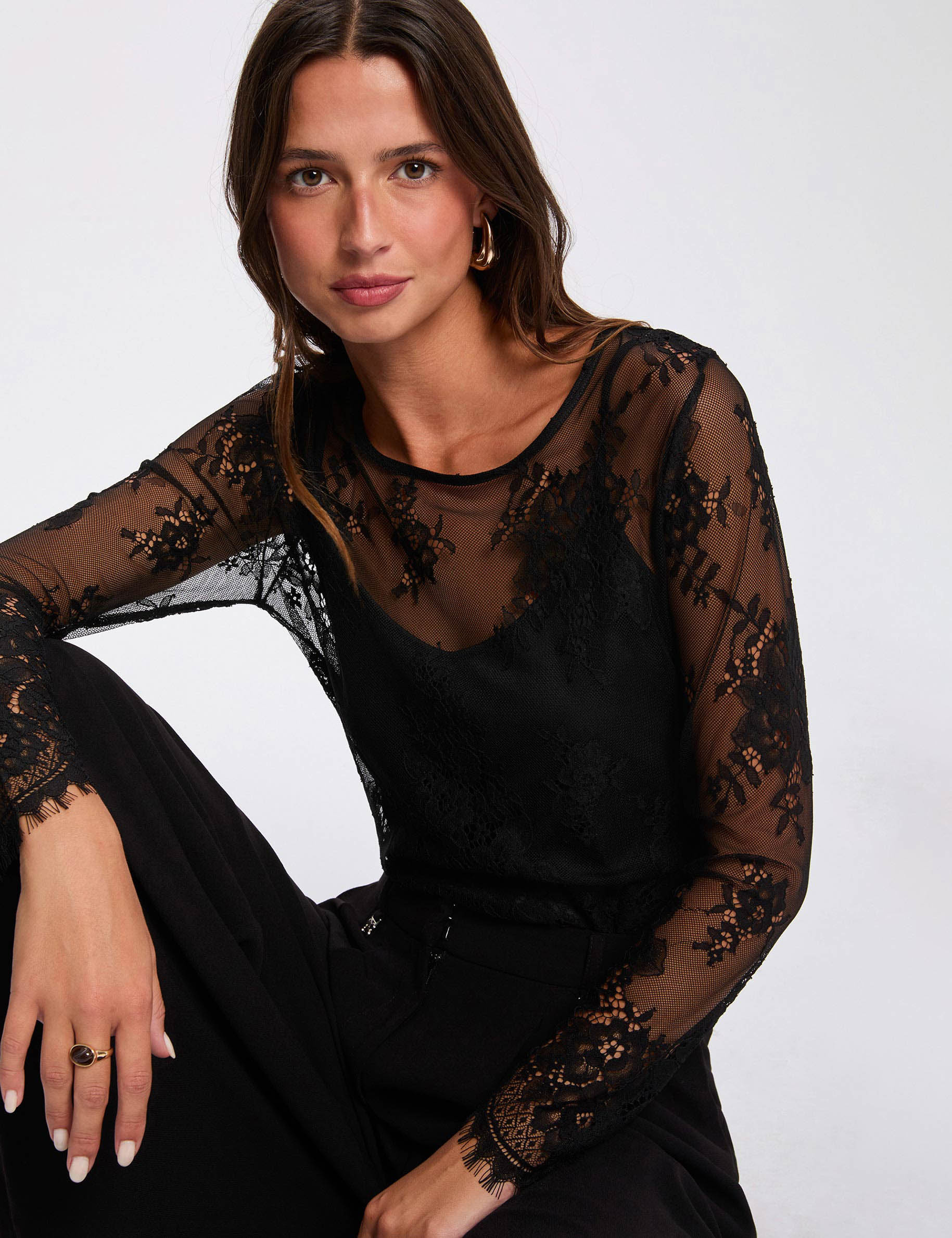Camiseta de encaje manga larga negro mujer