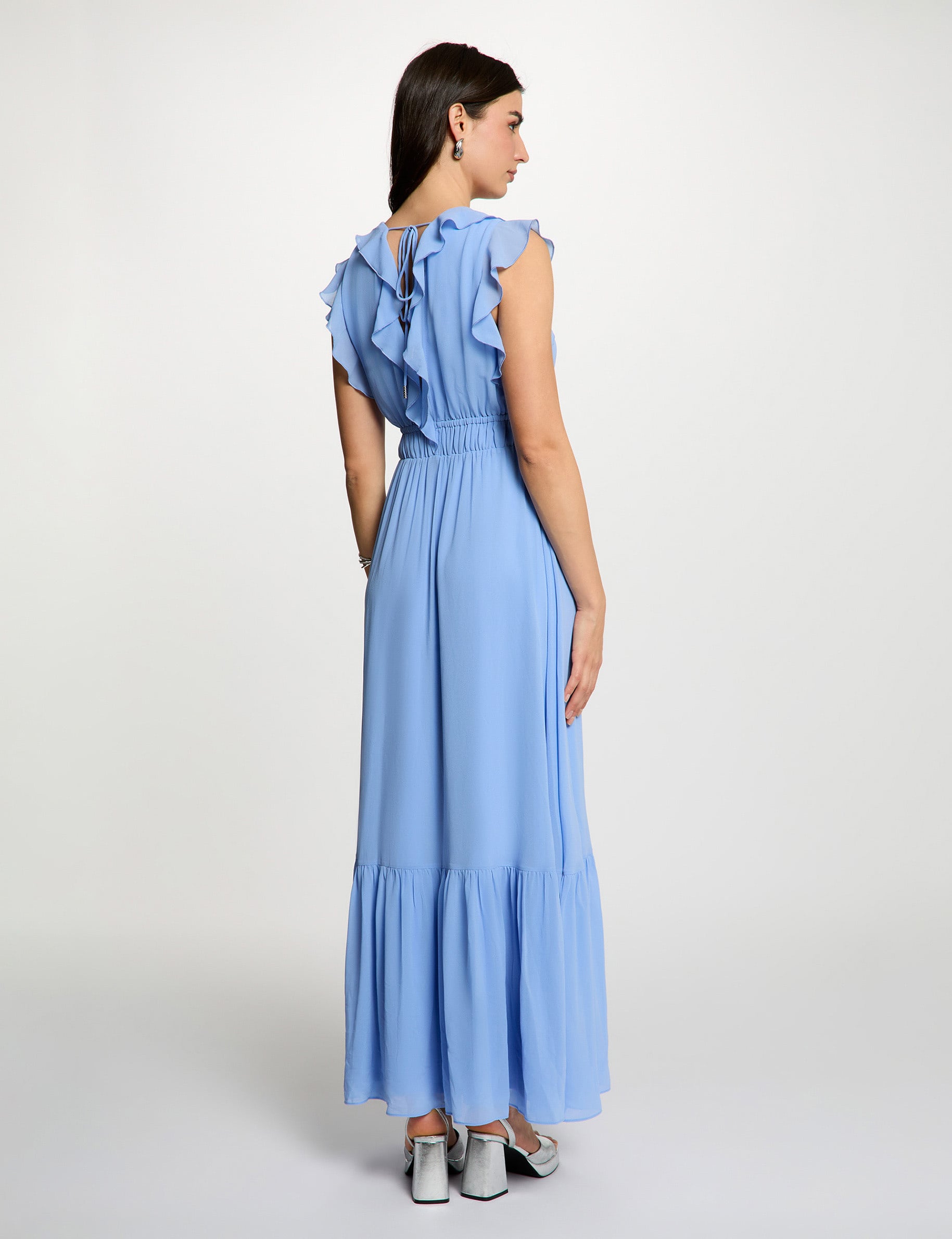 Vestido largo con cuello en v azul lavanda mujer