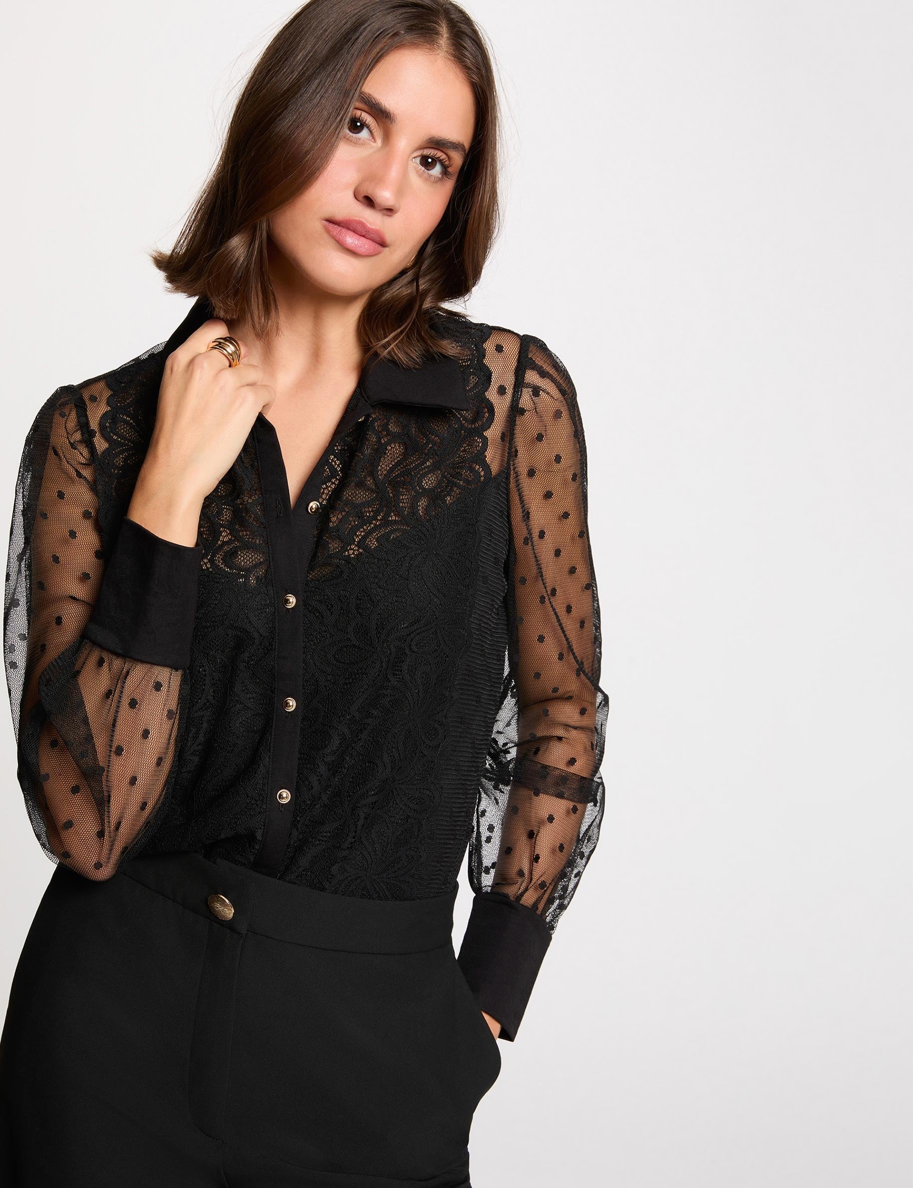 Camiseta de encaje manga larga negro mujer