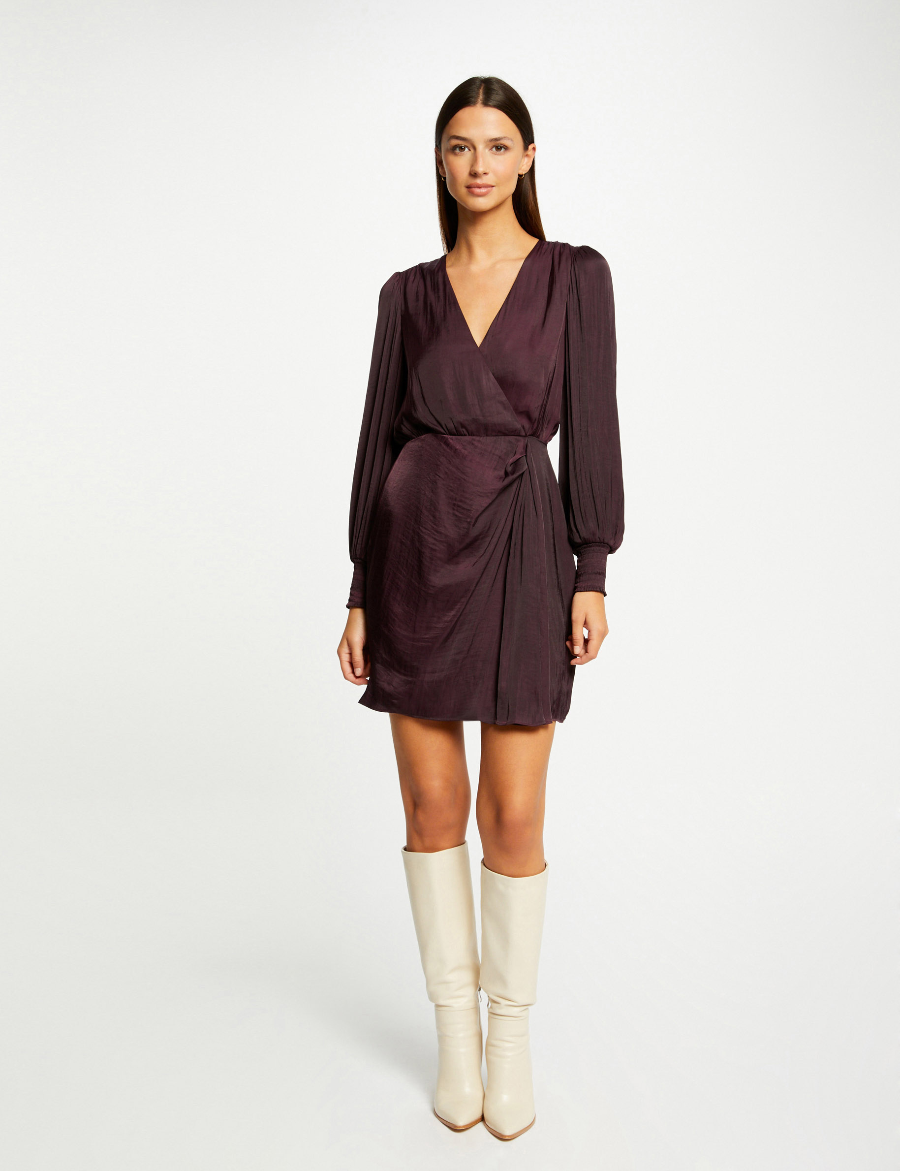 Vestido entallado drapeado de satén ciruela mujer