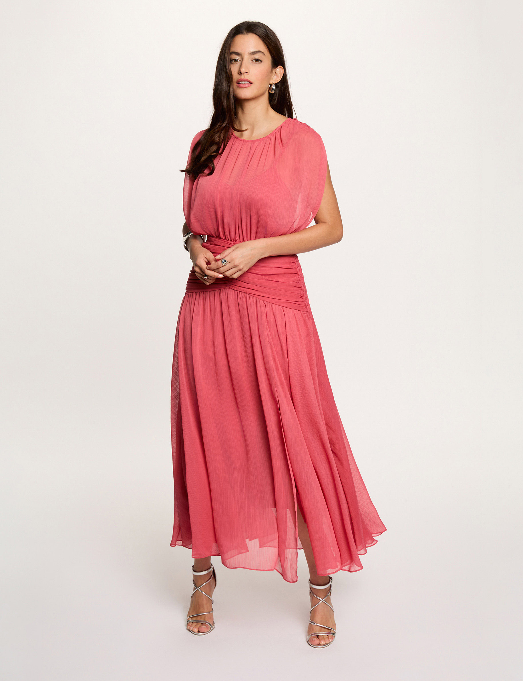 Vestido largo drapeado rosa envejecido mujer