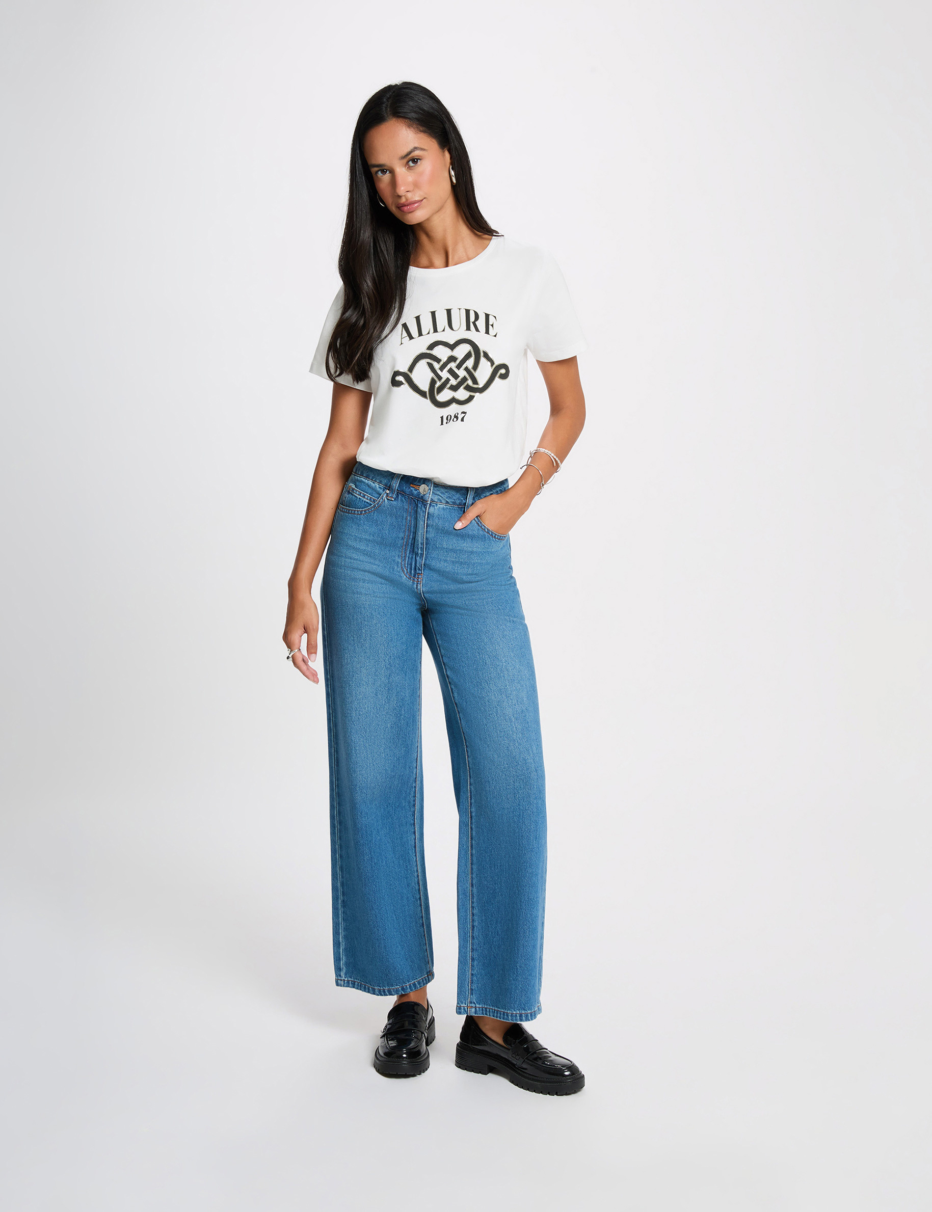 Camiseta estampada cuello redondo blanco mujer