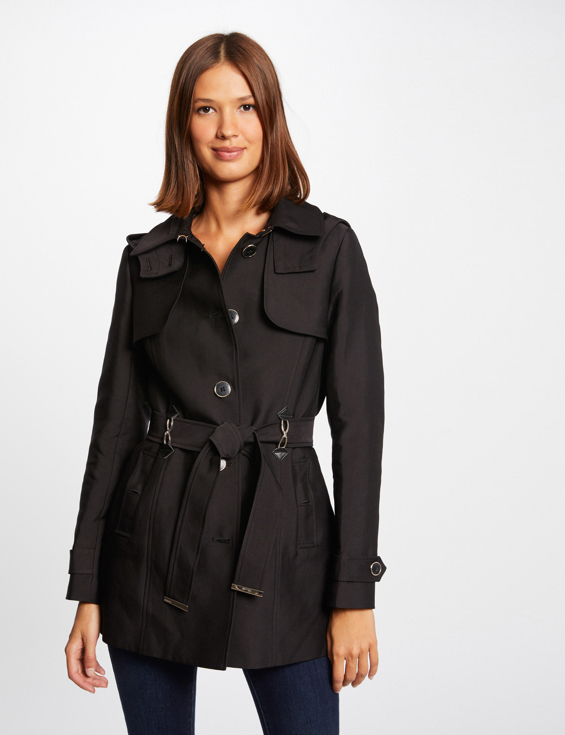 Gabardina recta con cinturón y capucha negro mujer