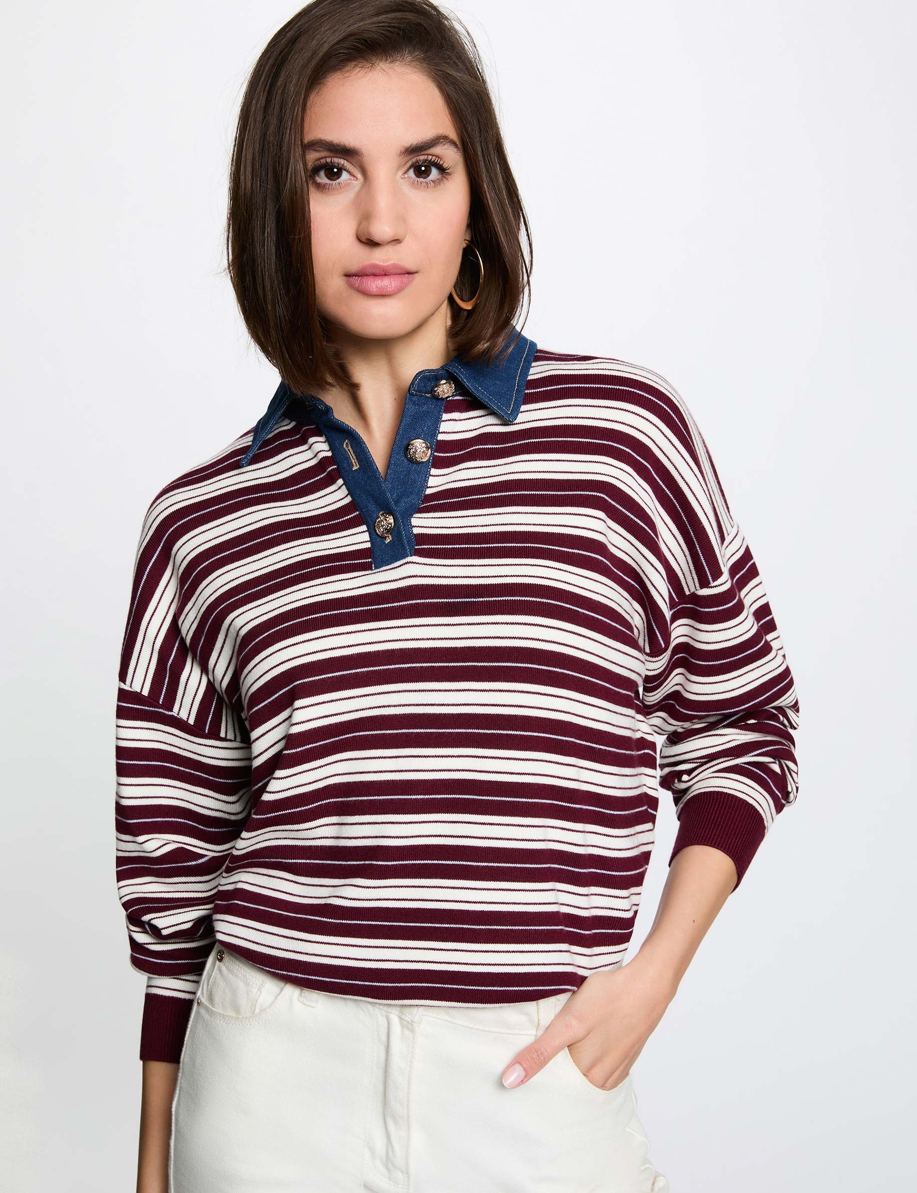 Jersey de rayas con cuello vuelto burdeos mujer