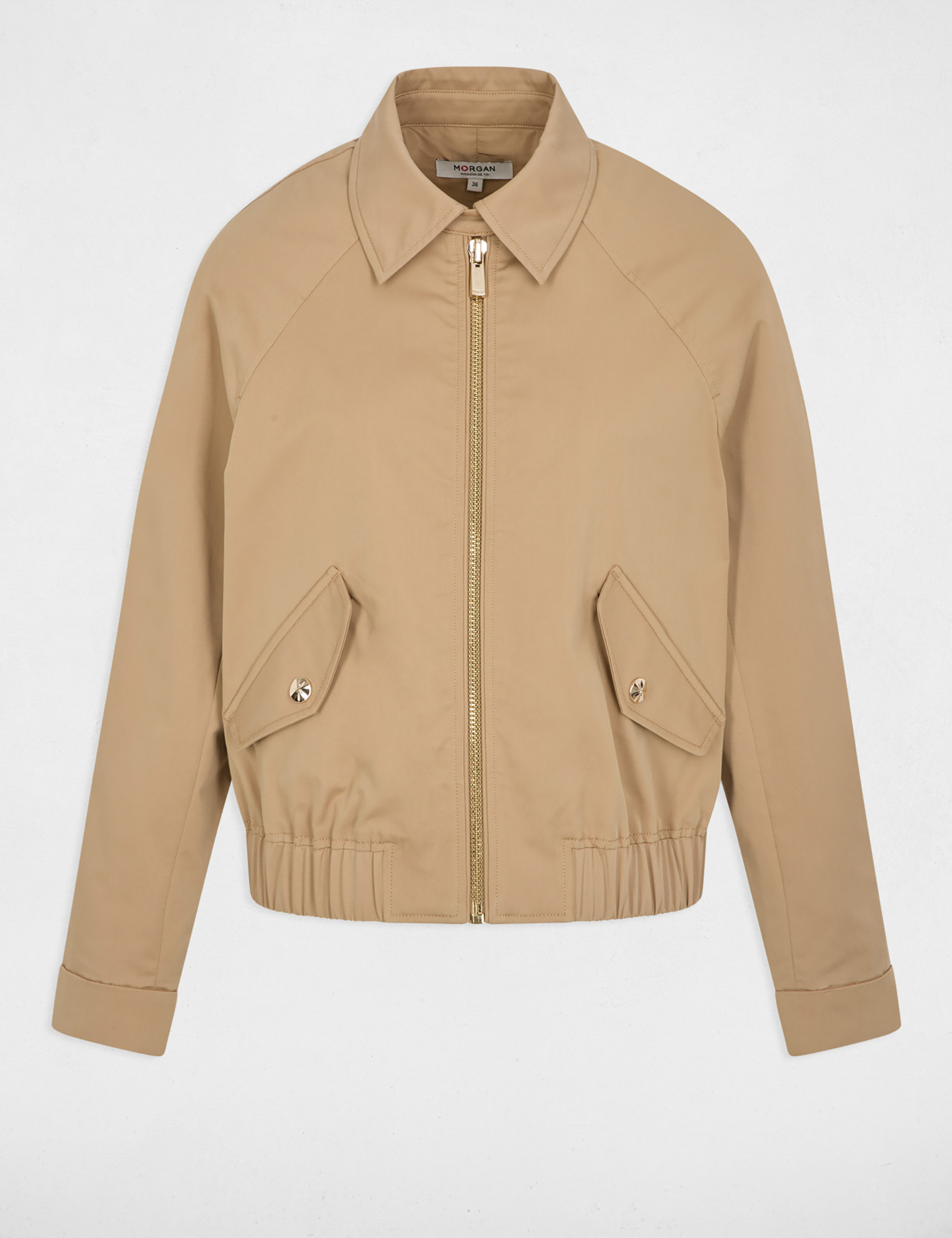 Chaqueta corta cuello abierto beige mujer