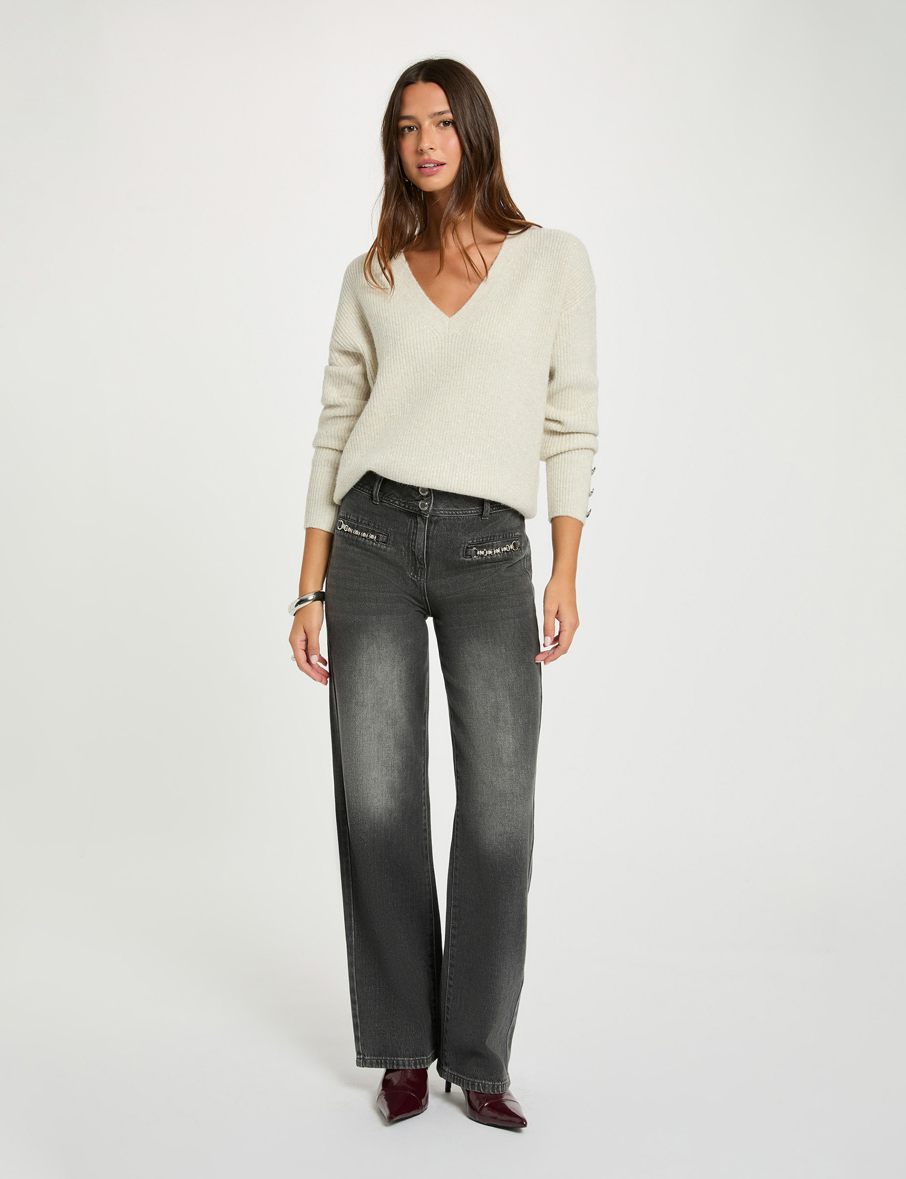 Jersey cuello en V oversize marfil mujer