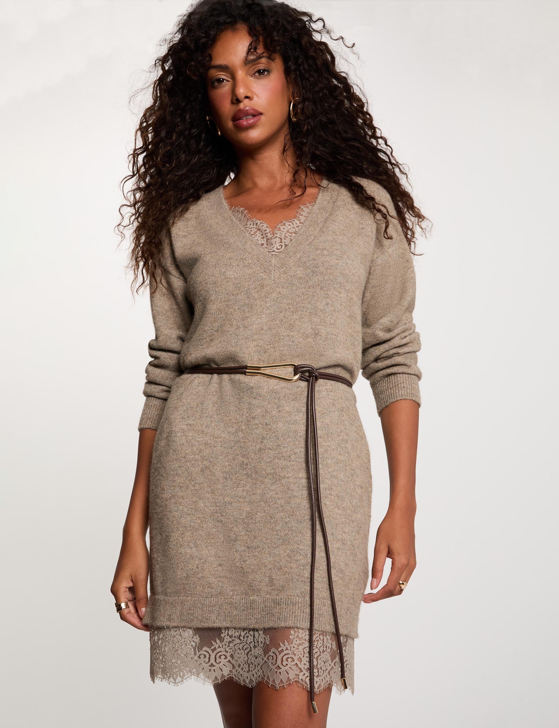 Vestido de punto con cuello en v topo mujer