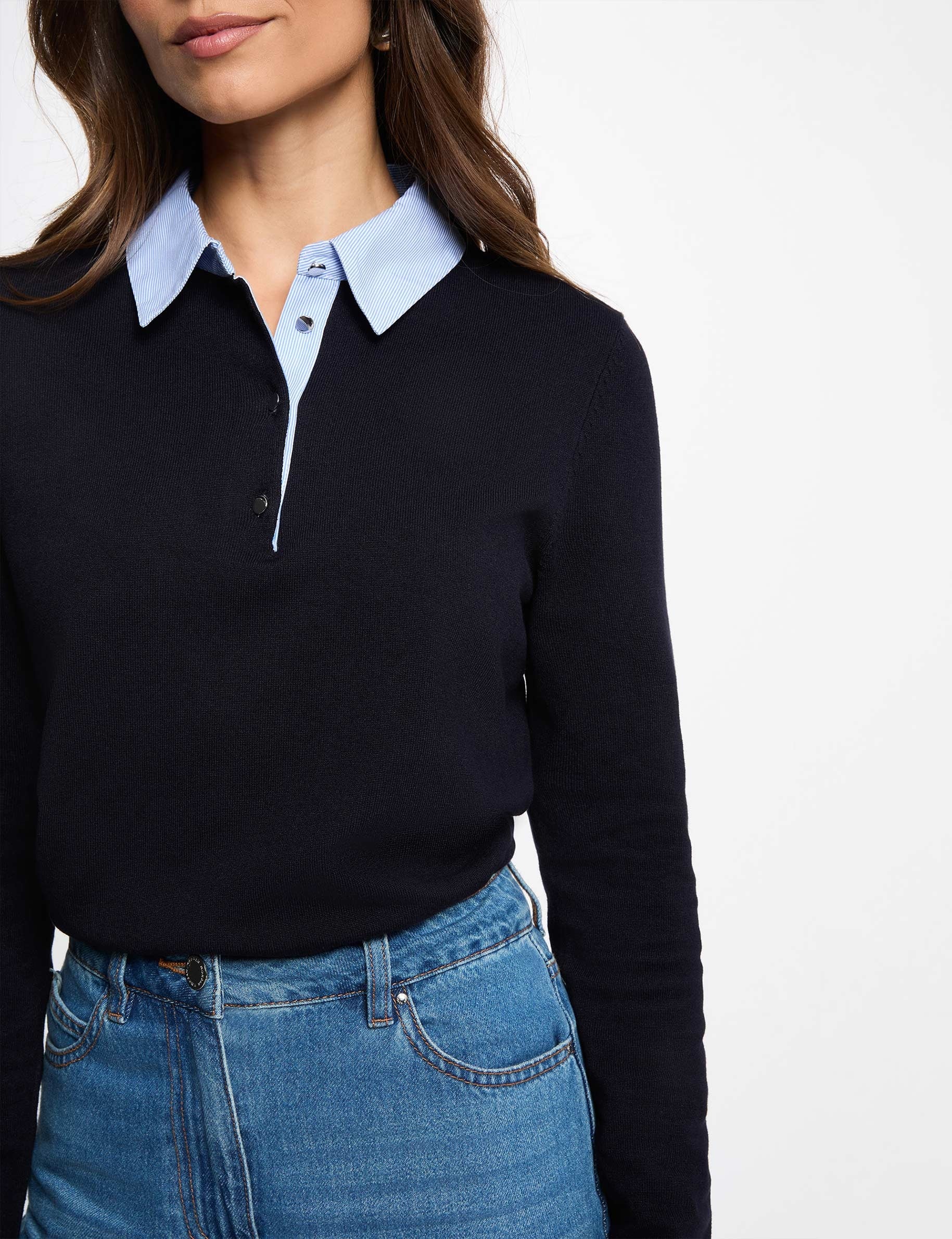 Jersey con cuello de camisa azul marino mujer