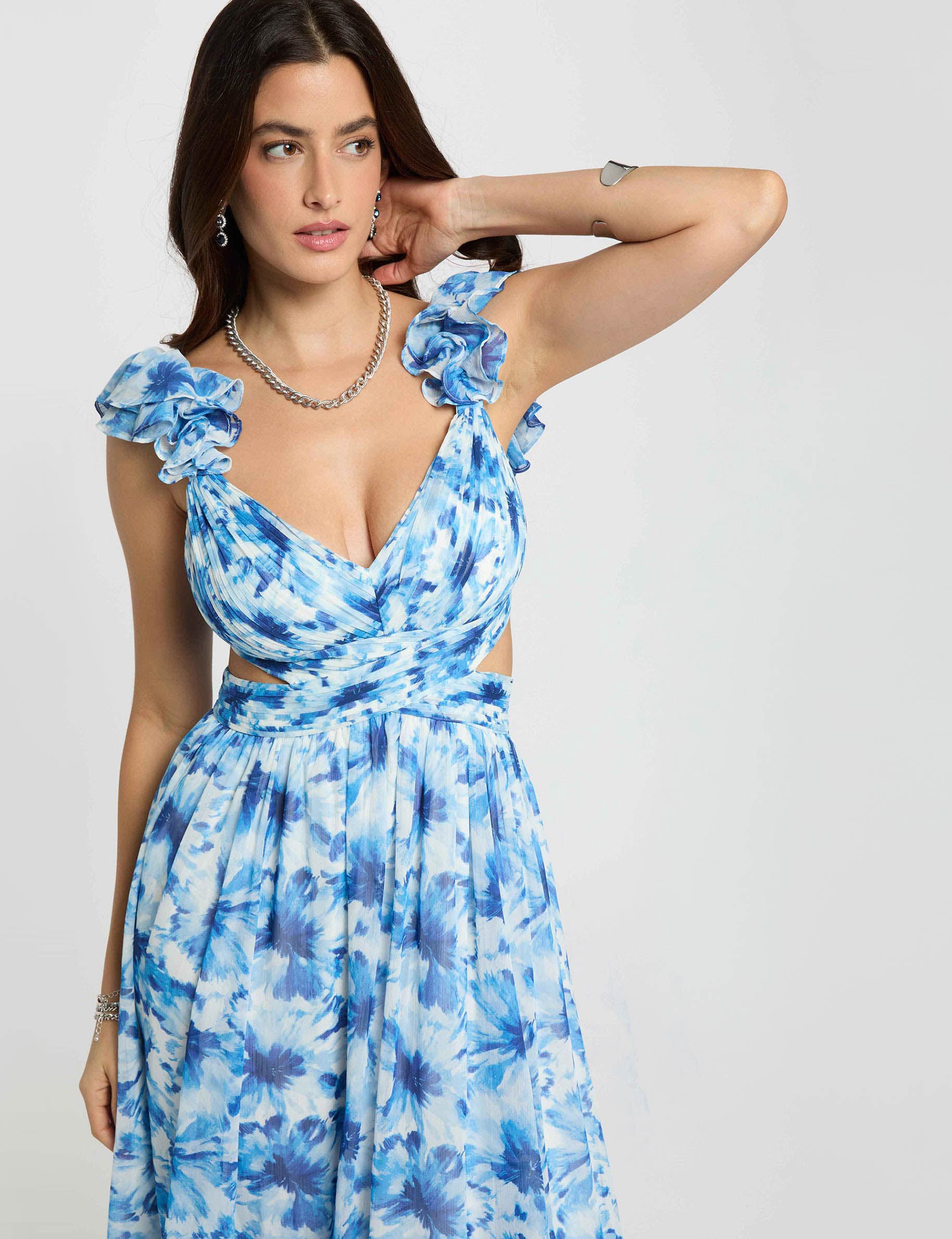 Vestido largo floral acampanado azul marino mujer