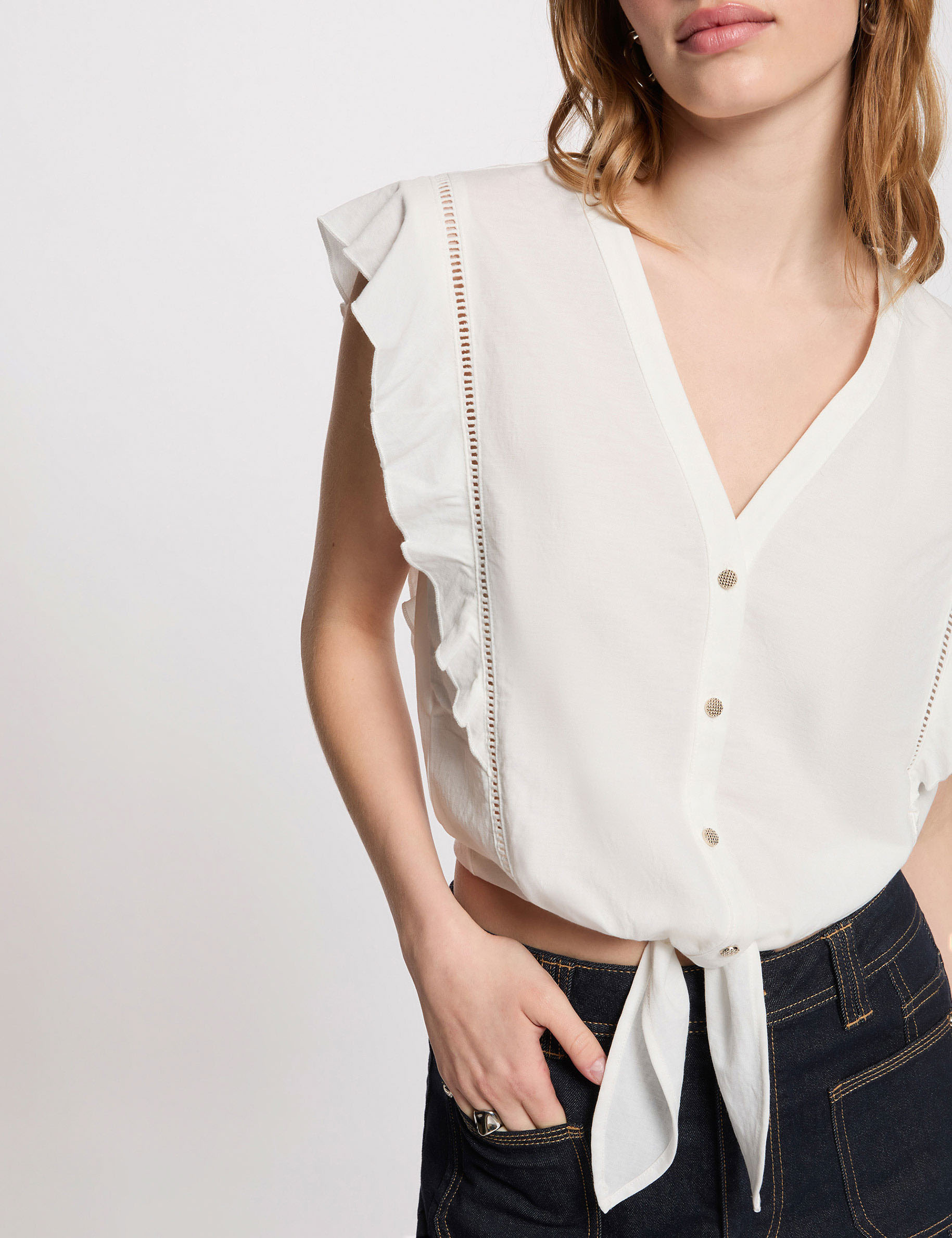 Camisa anudada cuello v blanco mujer