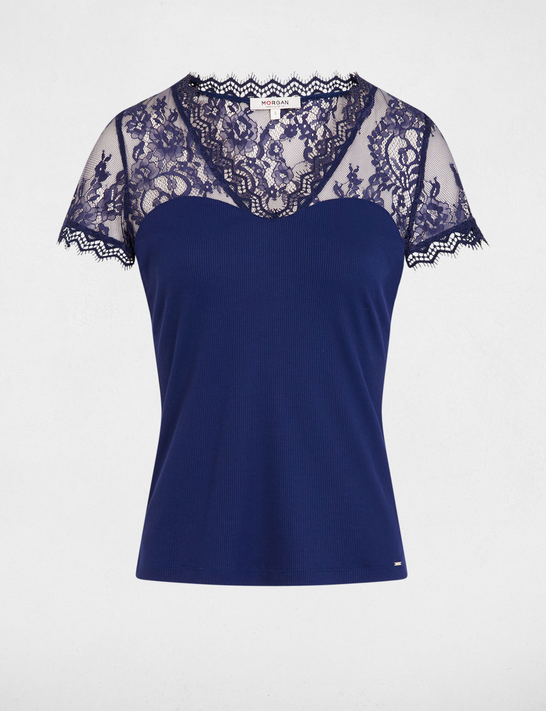 Camiseta manga corta con encaje azul marino mujer