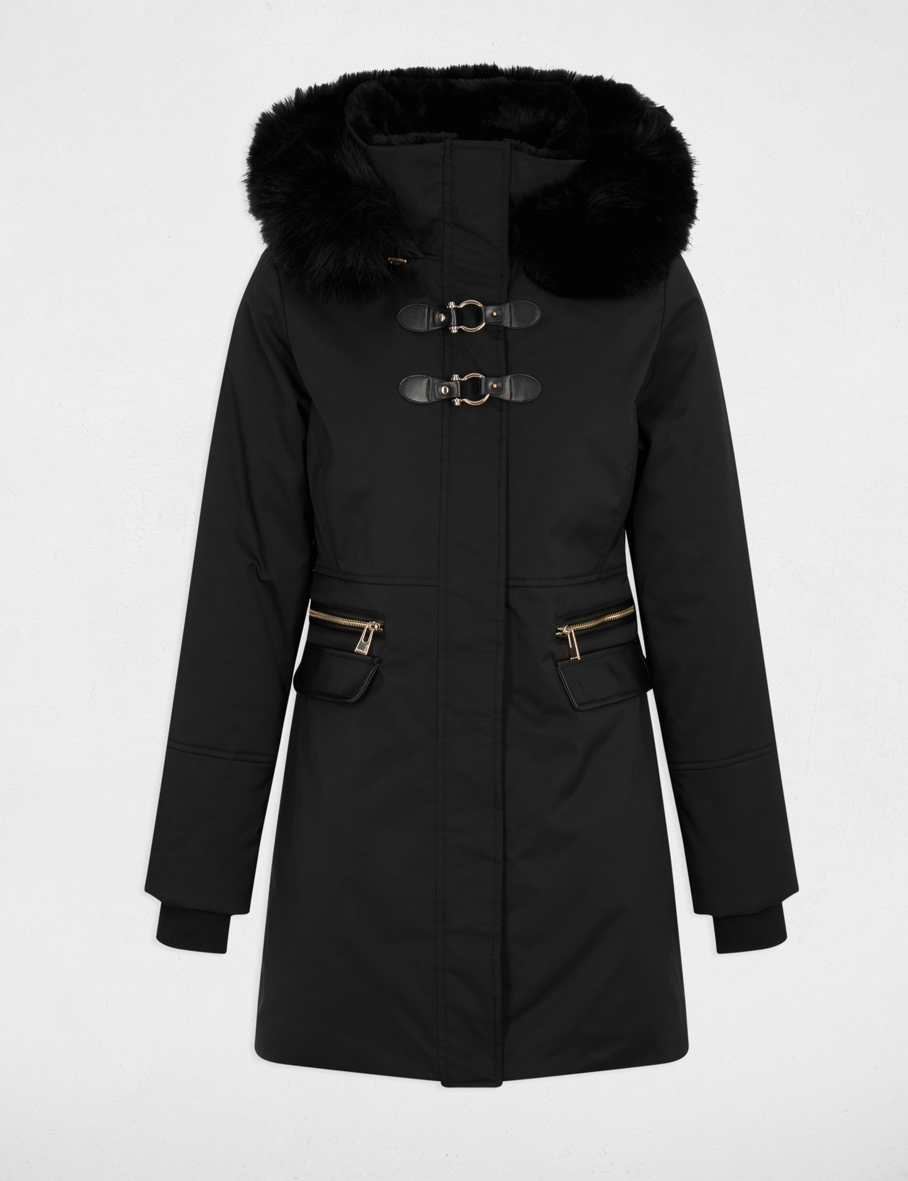 Parka recta de media longitud negro mujer