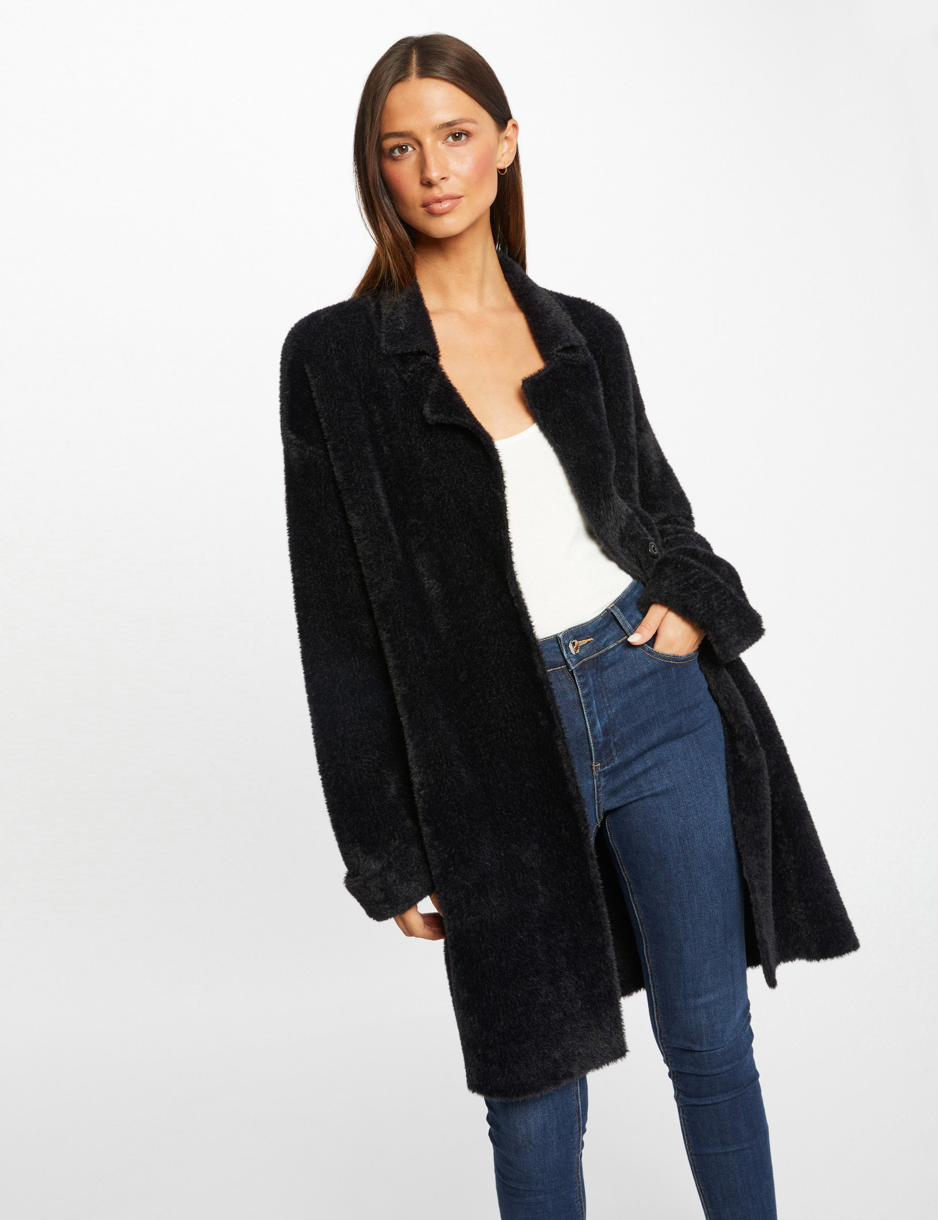 cardigan largo recto punto aterciopelado negro mujer Cárdigan largo recto punto aterciopelado negro mujer