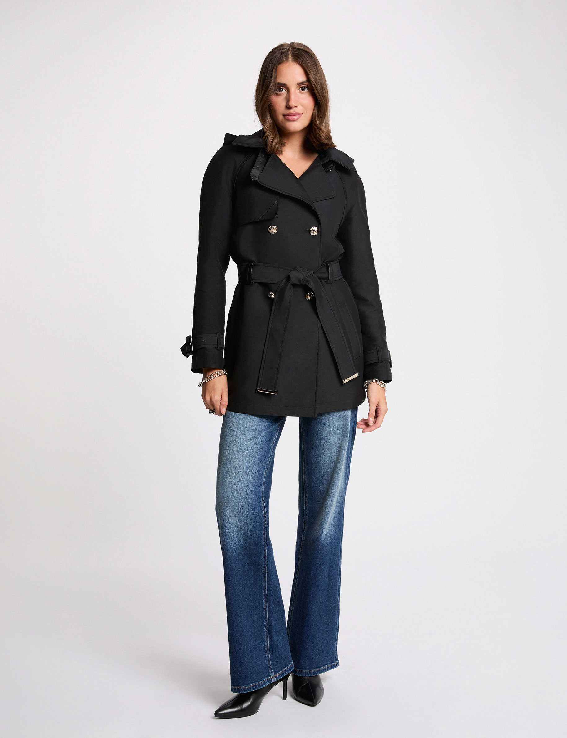 Trench midi con capucha negro mujer