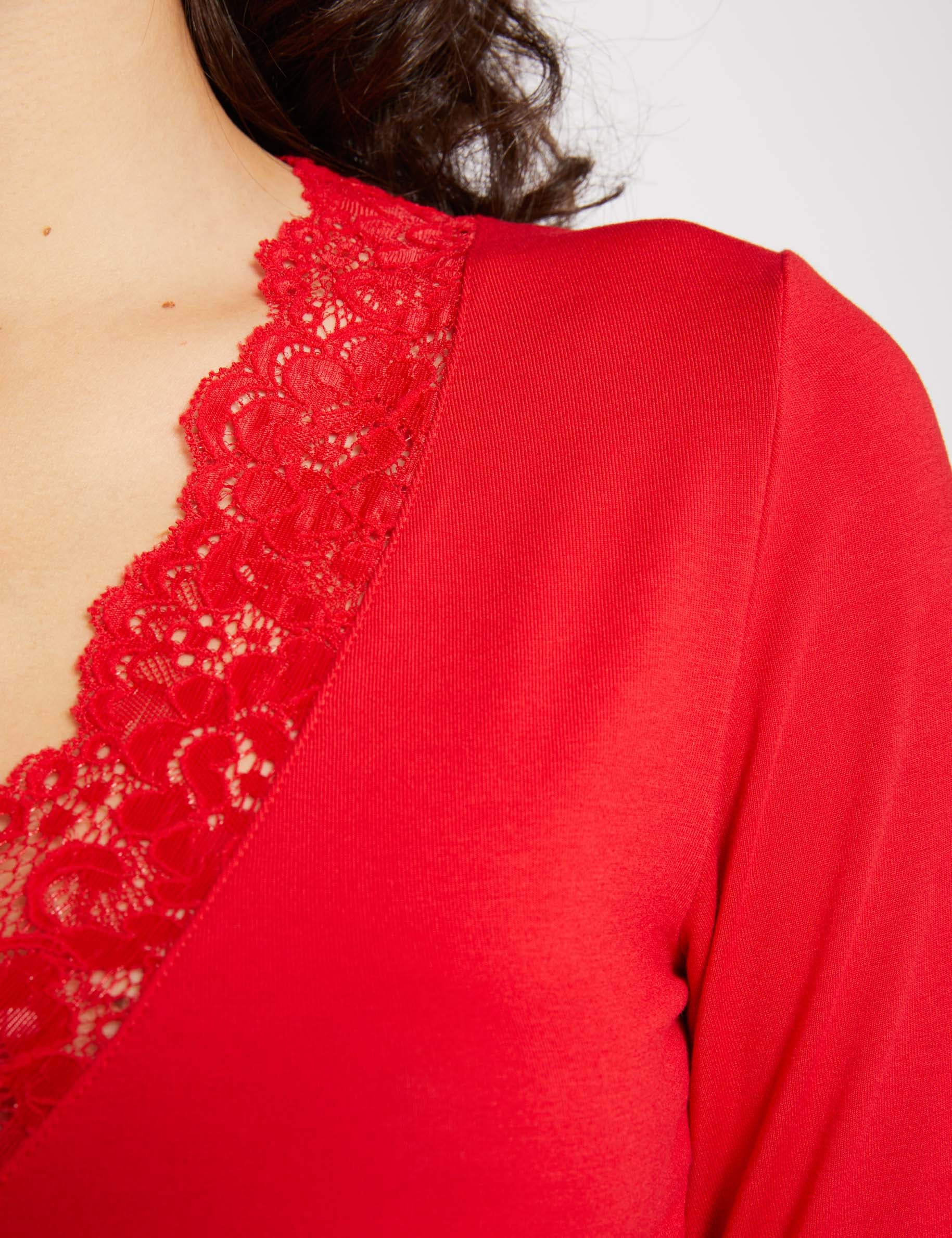 Camiseta de manga larga con encaje rojo mujer